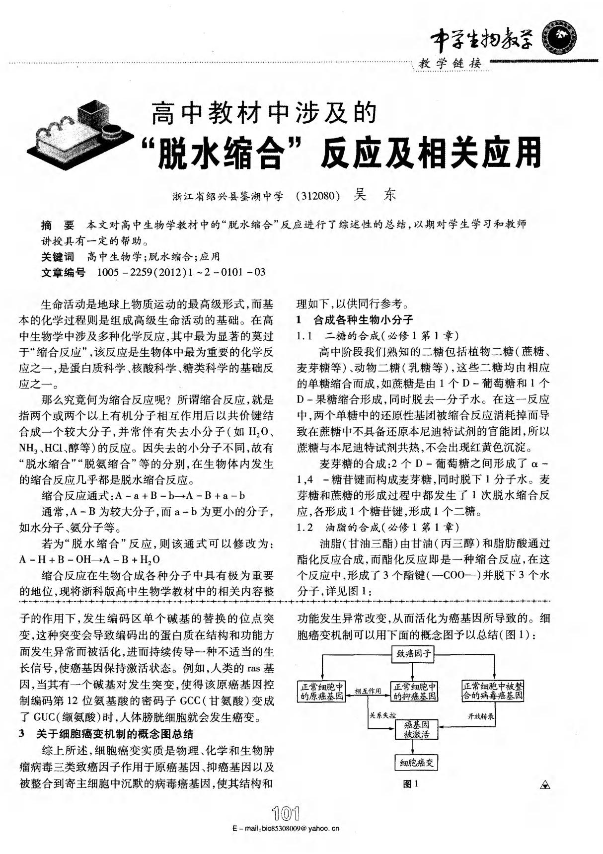 高中教材中涉及的脱水缩合反应及相关应用.