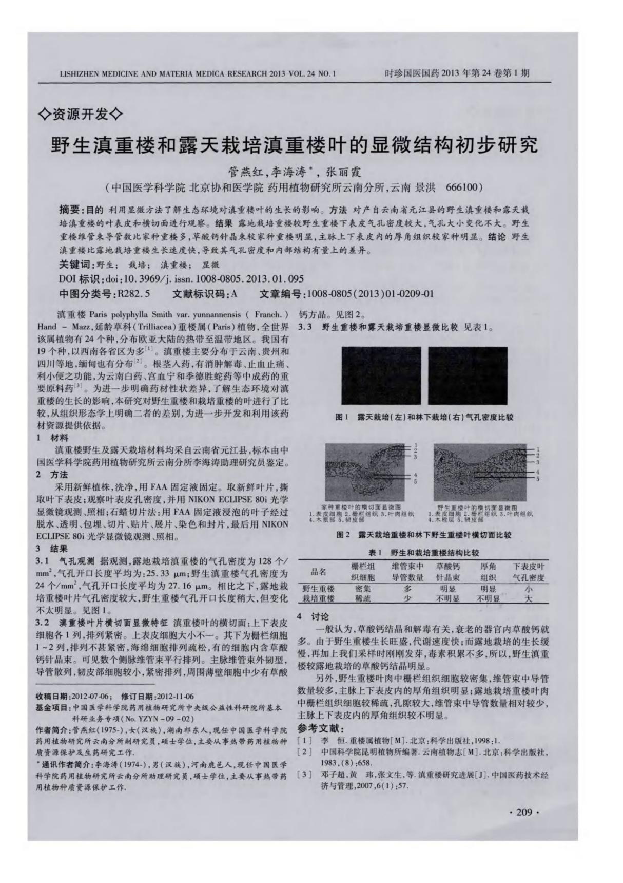 野生滇重楼和露天栽培滇重楼叶的显微结构初步研究