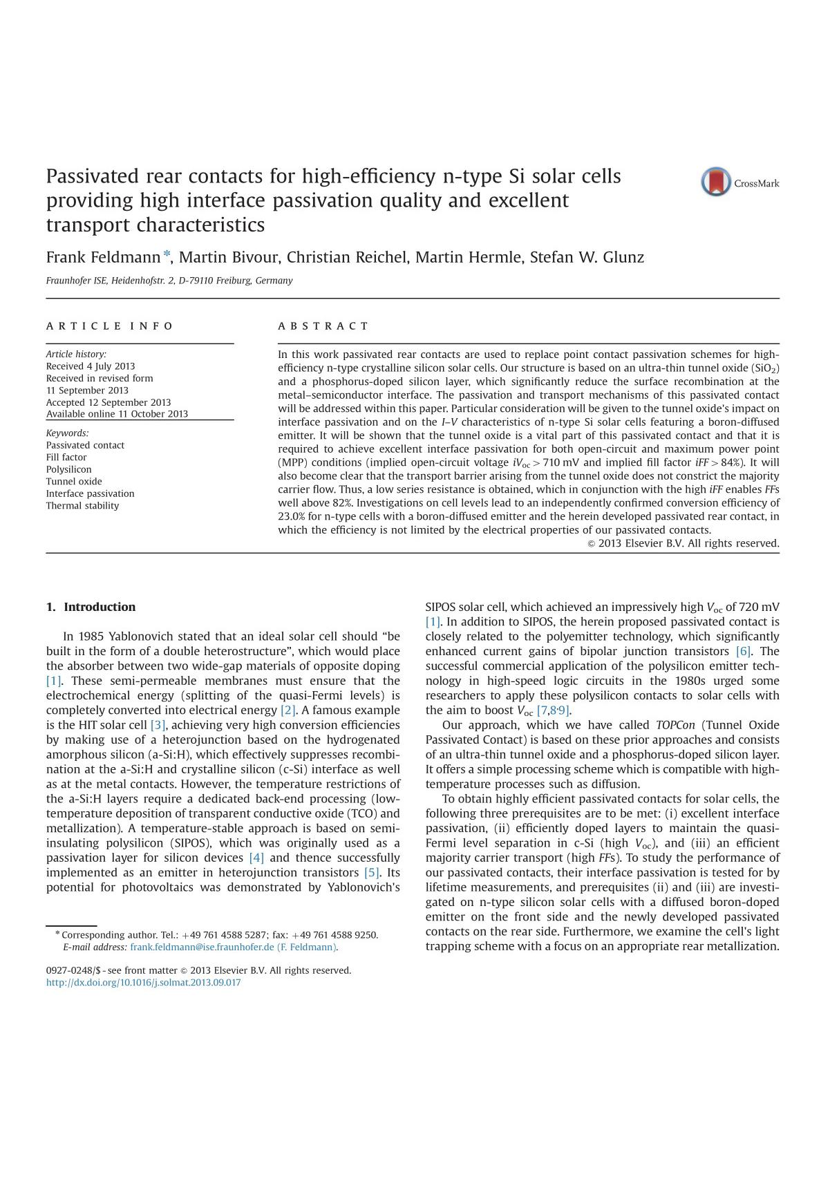 Passivated rear contacts for high-efficiency n-type Si solar cells providing high interface passivation quality and excellent tr