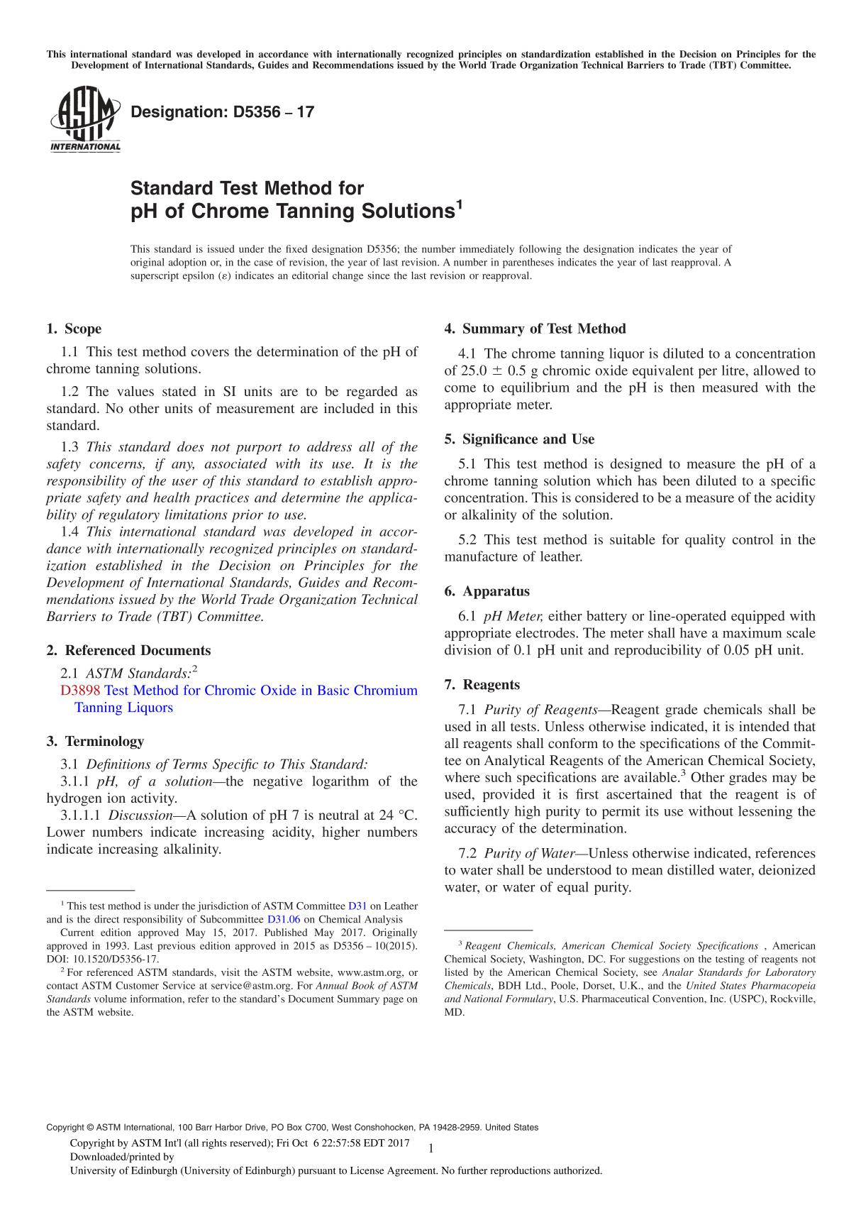 ASTM D5356-17 Standard Test Method for pH of Chrome Tanning Solution