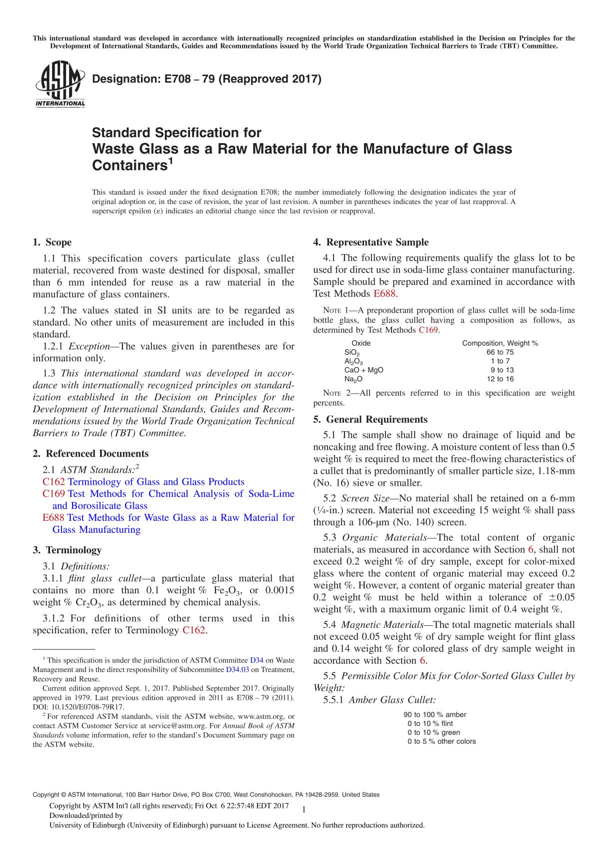 ASTM E708-79(2017) Standard Specification for Waste Glass as a Raw Material for the Manufacture of Glass Container