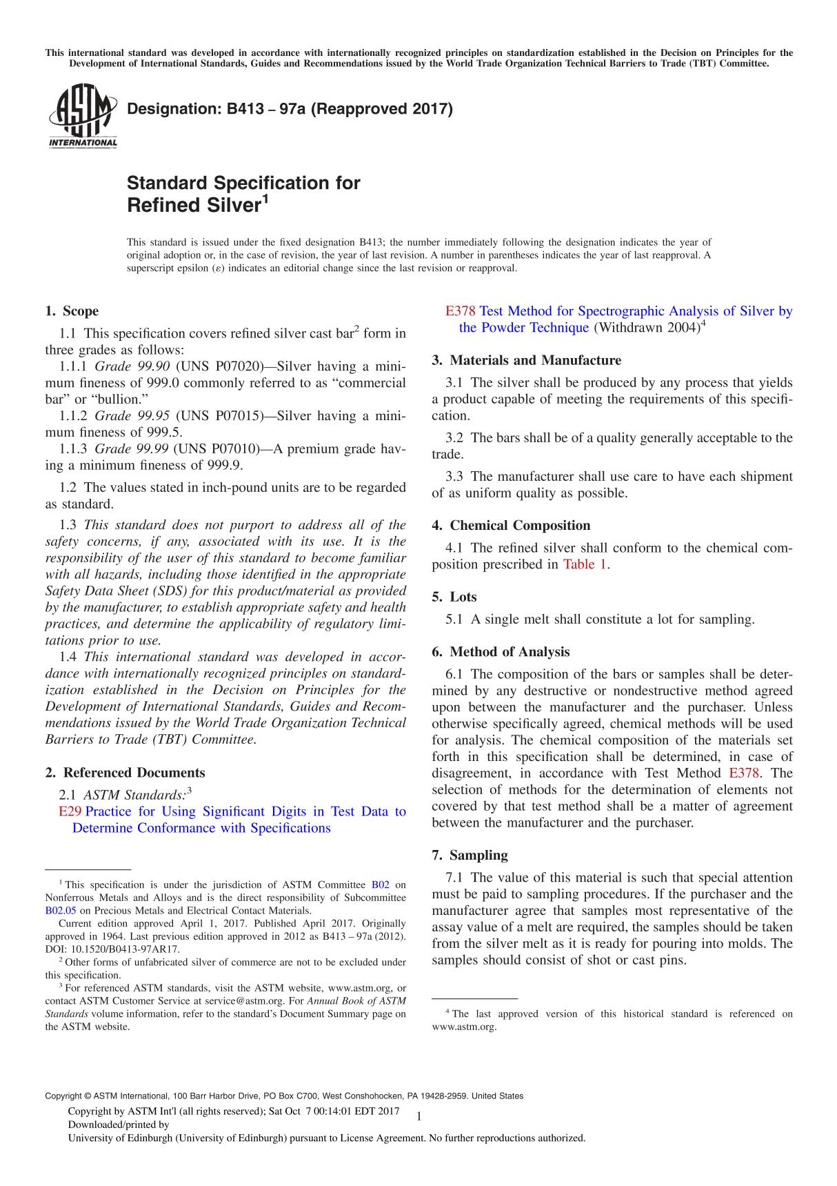 ASTM B413-97a(2017) Standard Specification for Refined Silver