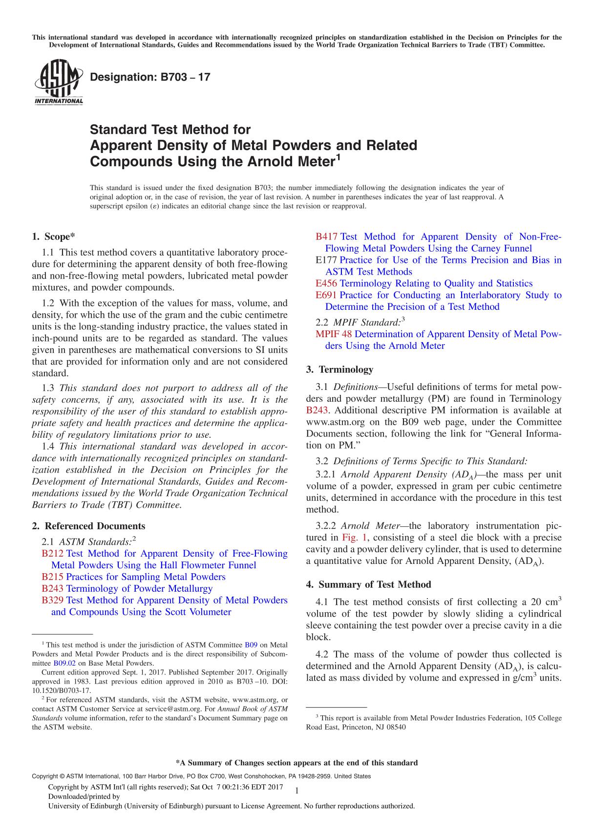 ASTM B703-17 Standard Test Method for Apparent Density of Metal Powders and Related Compounds Using the Arnold Meter