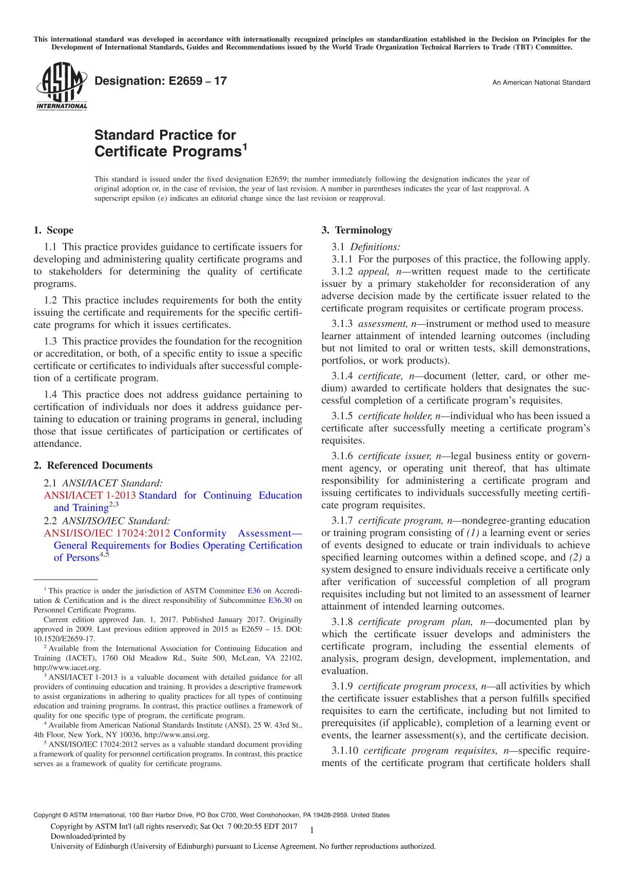 ASTM E2659-17 Standard Practice for Certificate Program