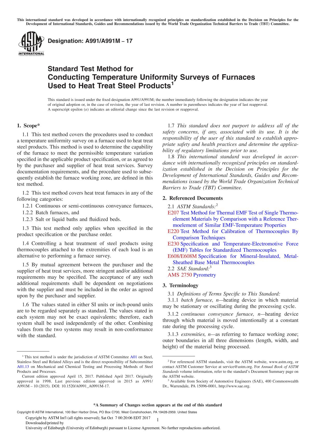 ASTM A991A991M-17 Standard Test Method for Conducting Temperature Uniformity Surveys of Furnaces Used to Heat Treat Steel Produc