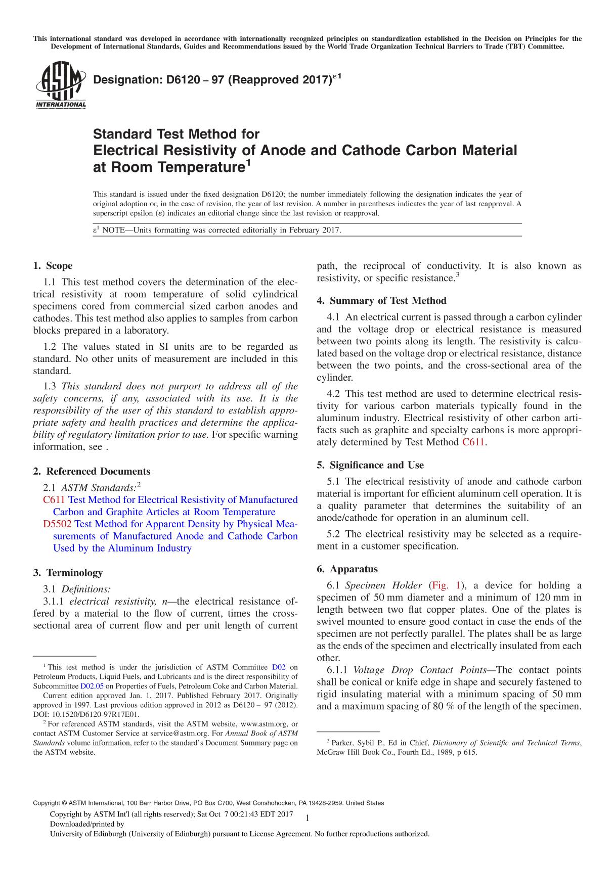 ASTM D6120-97(2017)e1 Standard Test Method for Electrical Resistivity of Anode and Cathode Carbon Material at Room Temperature