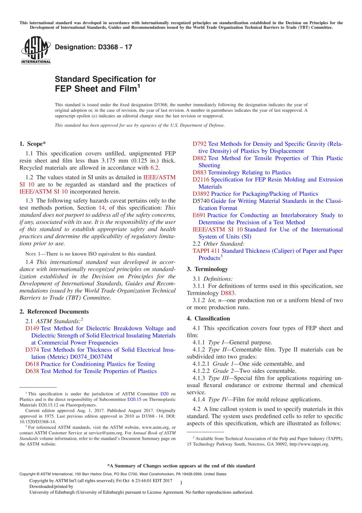 ASTM D3368-17 Standard Specification for FEP Sheet and Film