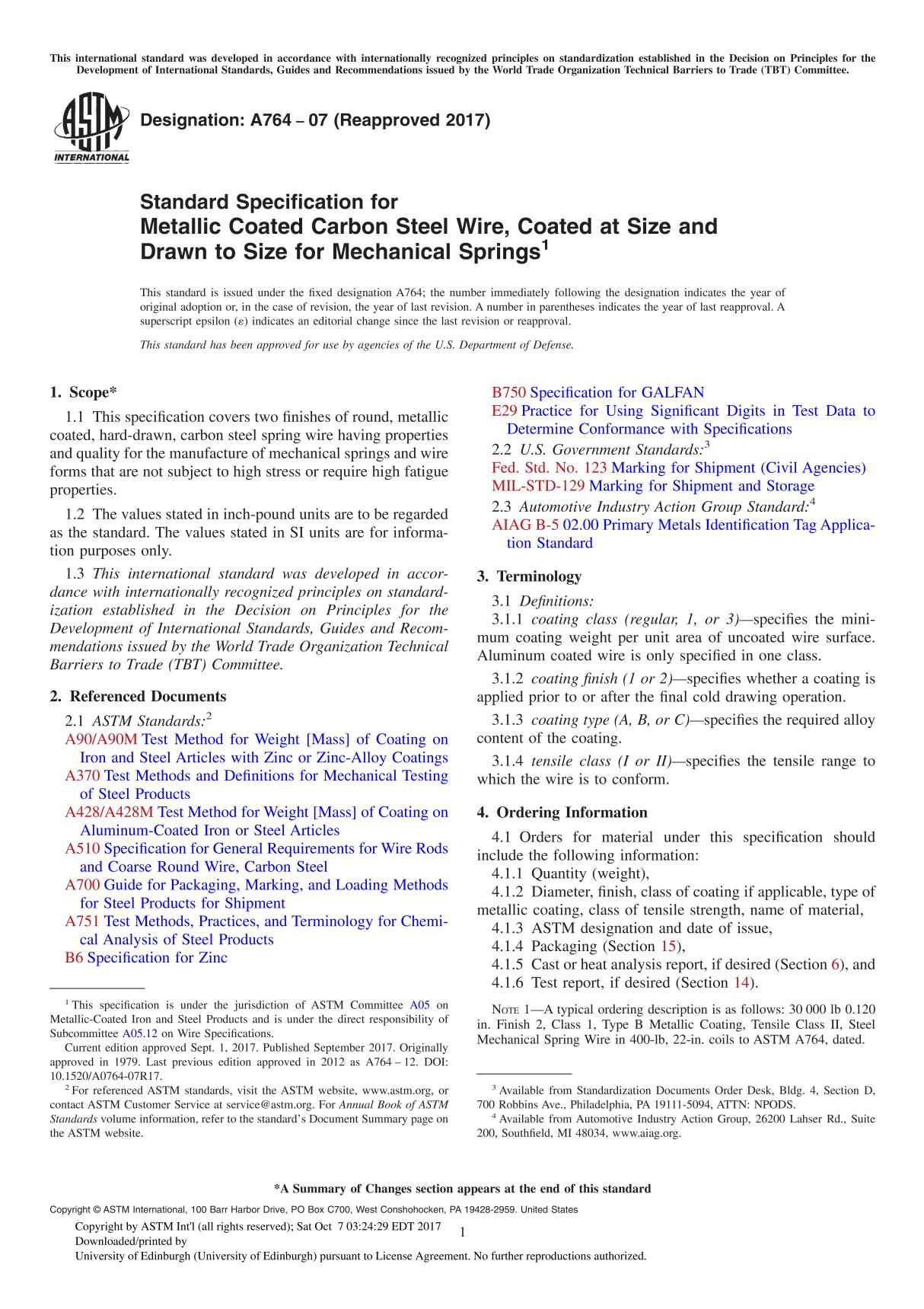 ASTM A764-07(2017) Standard Specification for Metallic Coated Carbon Steel Wire, Coated at Size and Drawn to Size for Mechanical