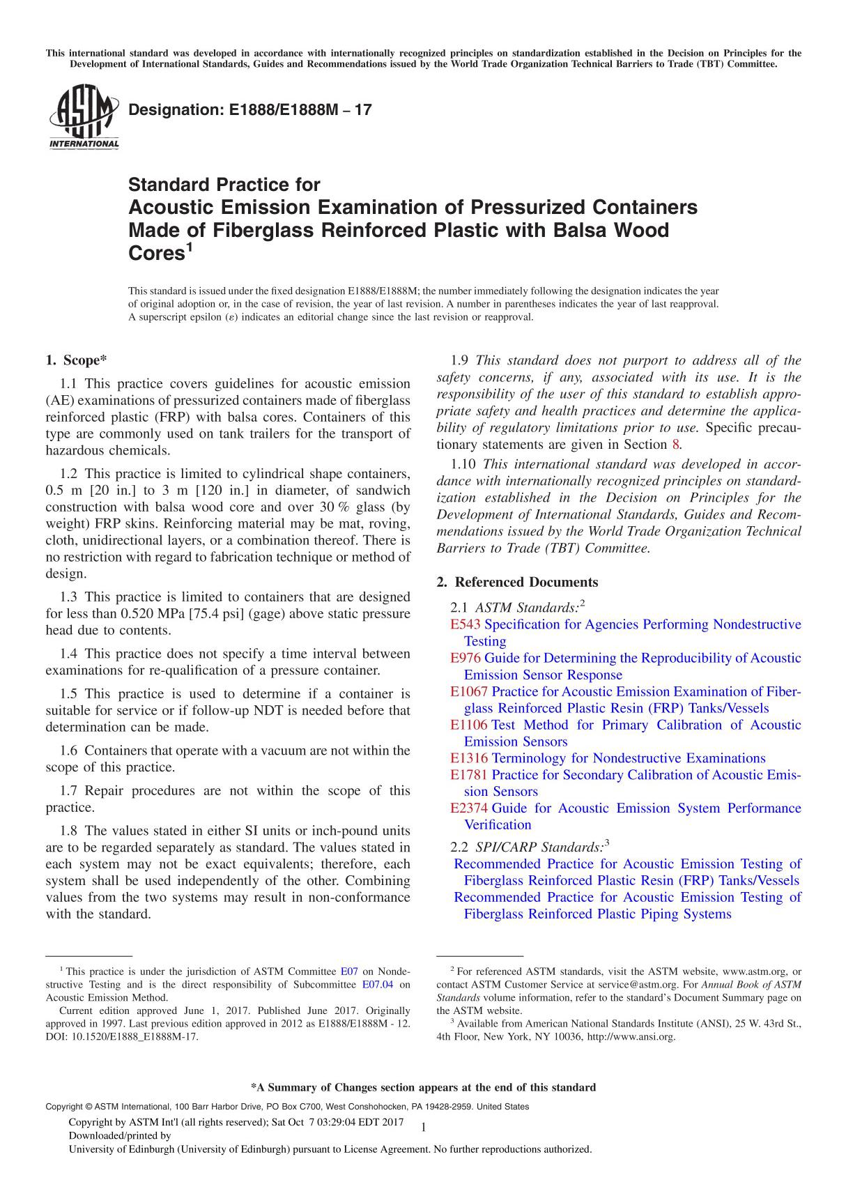 ASTM E1888E1888M-17 Standard Practice for Acoustic Emission Examination of Pressurized Containers Made of Fiberglass Reinforced