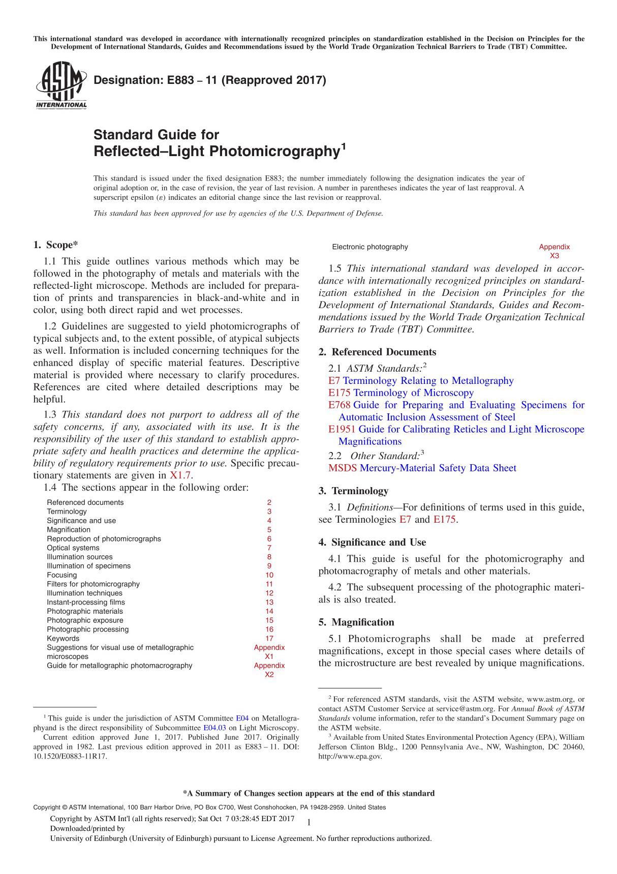 ASTM E883-11(2017) Standard Guide for Reflected–Light Photomicrography