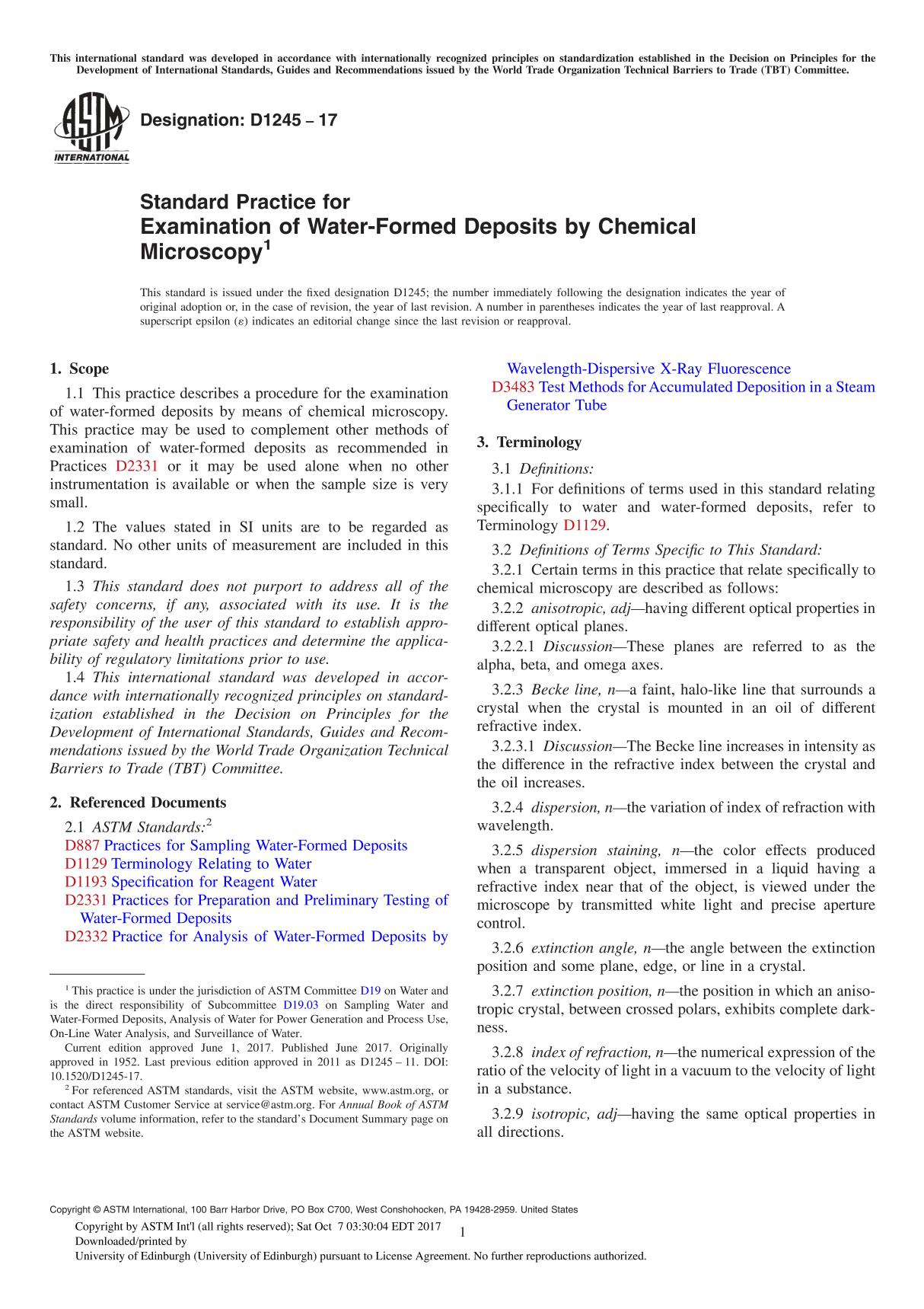 ASTM D1245-17 Standard Practice for Examination of Water-Formed Deposits by Chemical Microscopy