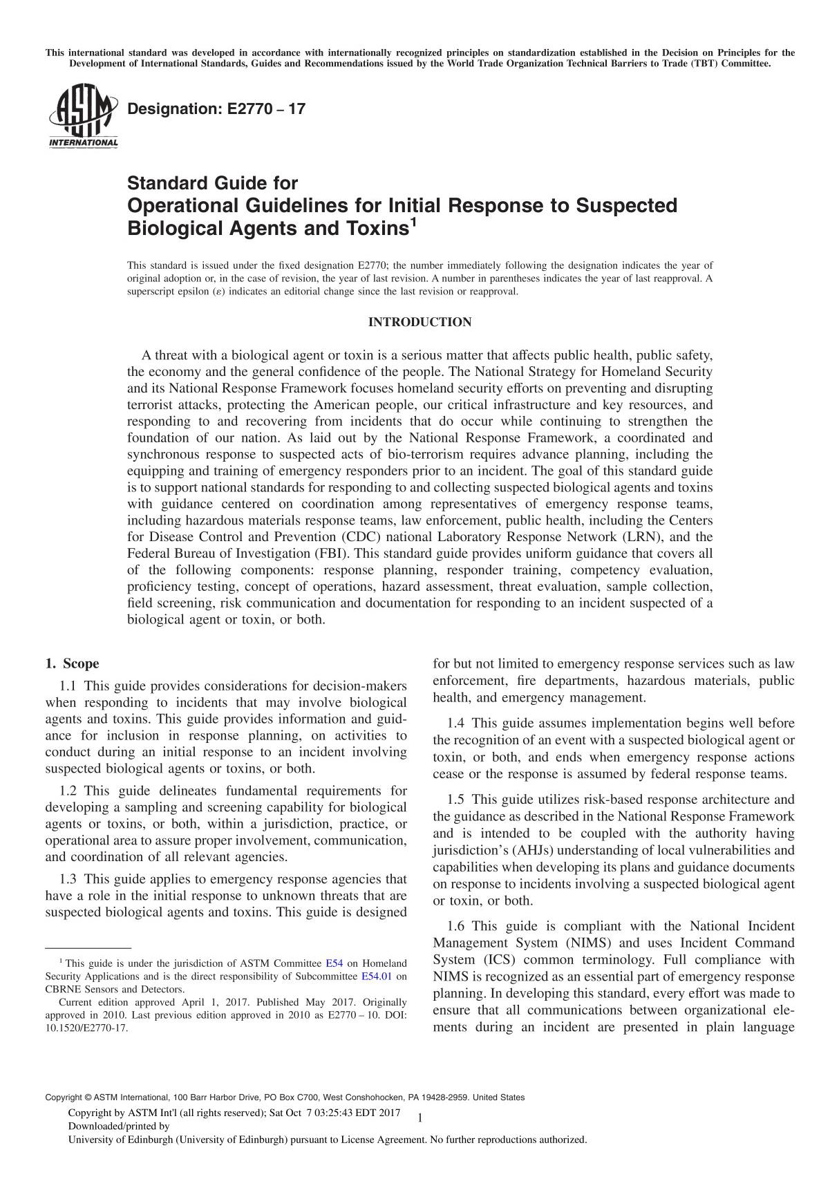 ASTM E2770-17 Standard Guide for Operational Guidelines for Initial Response to Suspected Biological Agents and Toxin