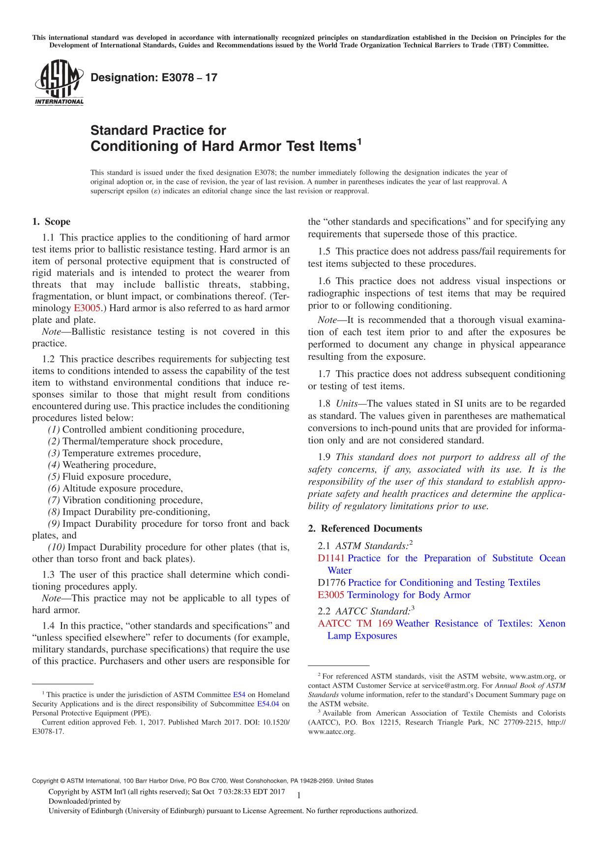 ASTM E3078-17 Standard Practice for Conditioning of Hard Armor Test Item