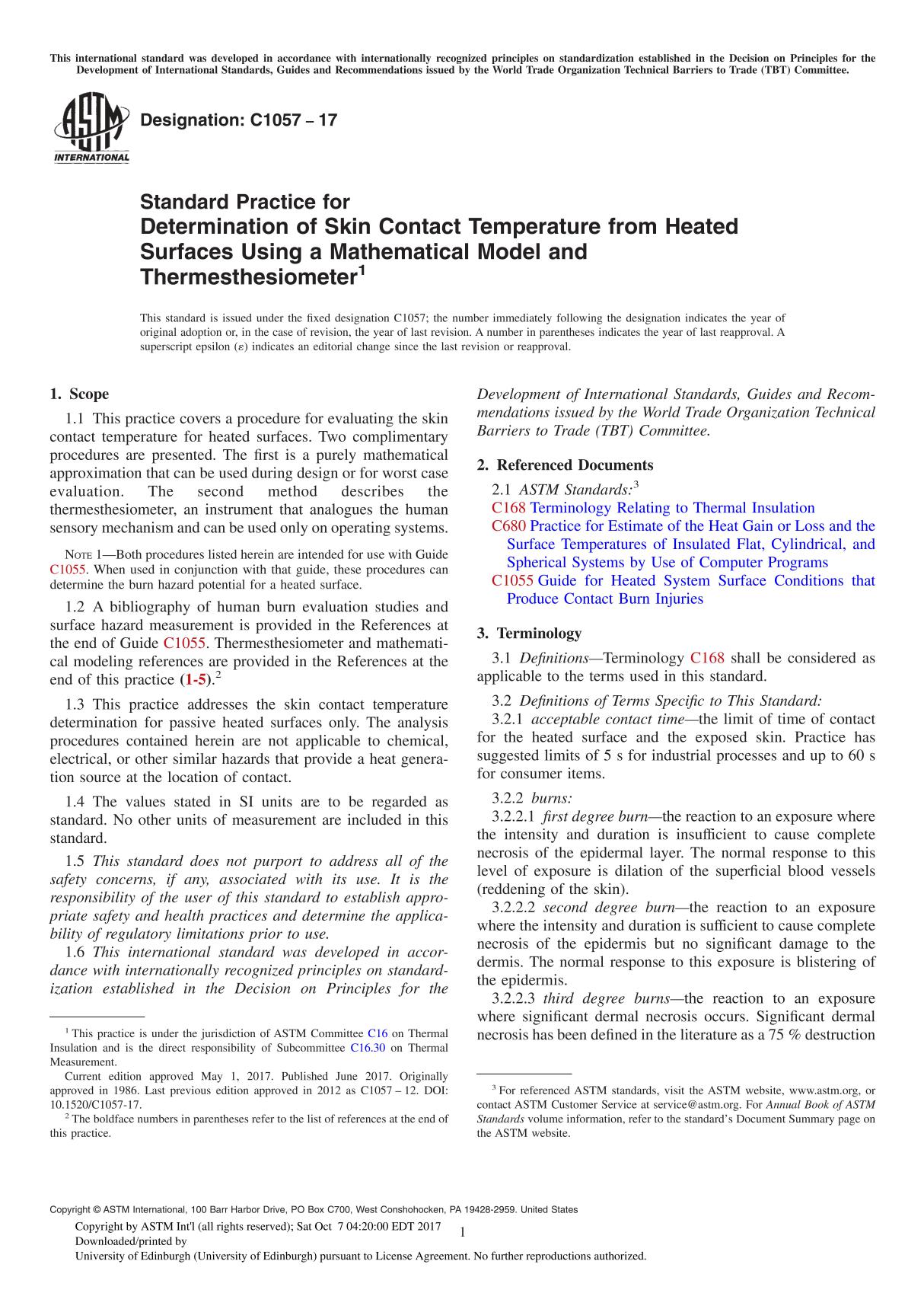 ASTM C1057-17 Standard Practice for Determination of Skin Contact Temperature from Heated Surfaces Using a Mathematical Model an