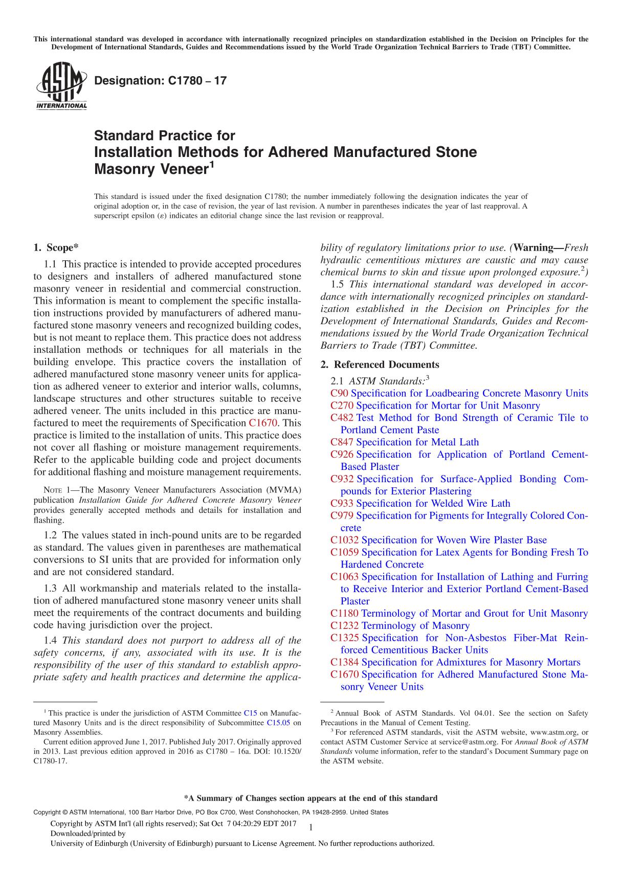 ASTM C1780-17 Standard Practice for Installation Methods for Adhered Manufactured Stone Masonry Veneer