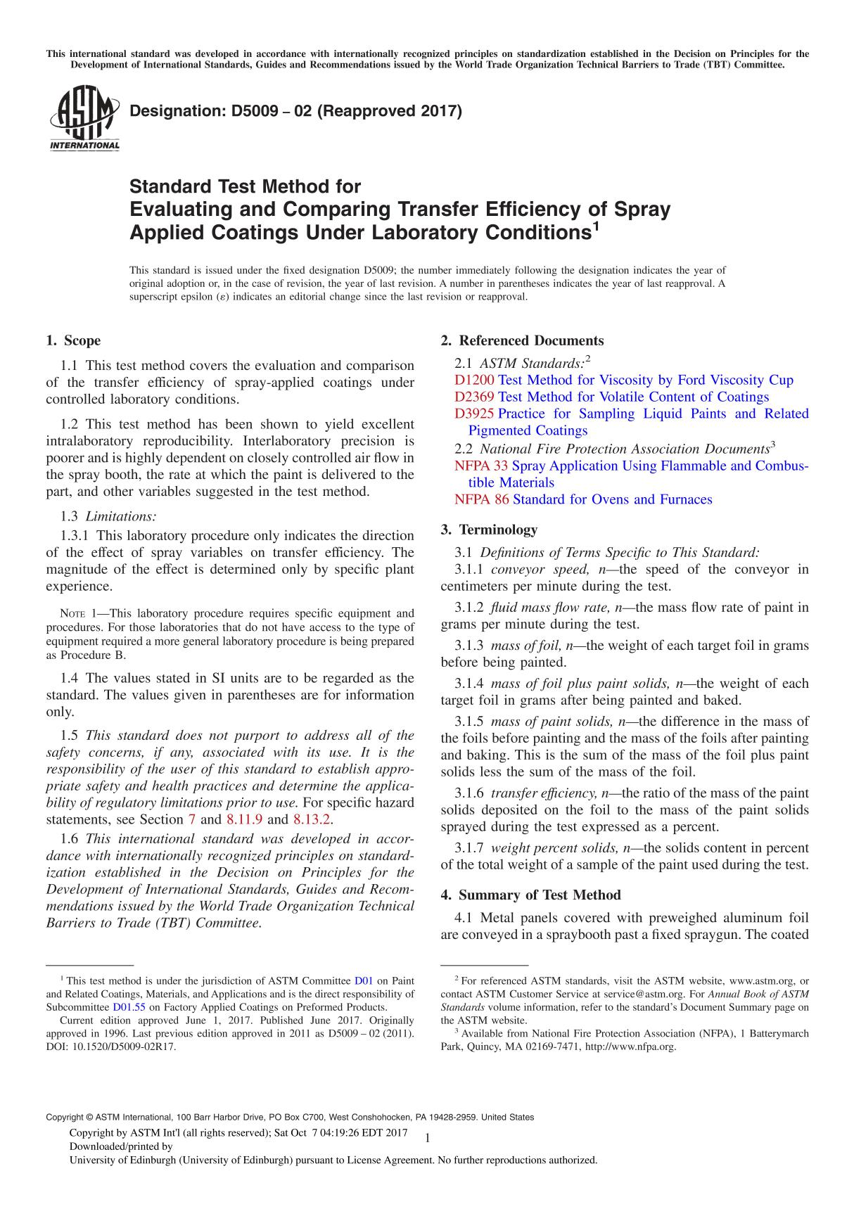 ASTM D5009-02(2017) Standard Test Method for Evaluating and Comparing Transfer Efficiency of Spray Applied Coatings Under Labora