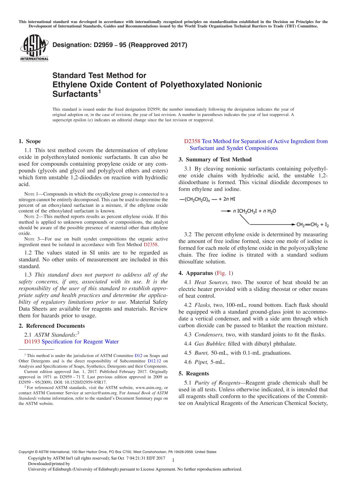ASTM D2959-95(2017) Standard Test Method for Ethylene Oxide Content of Polyethoxylated Nonionic Surfactant