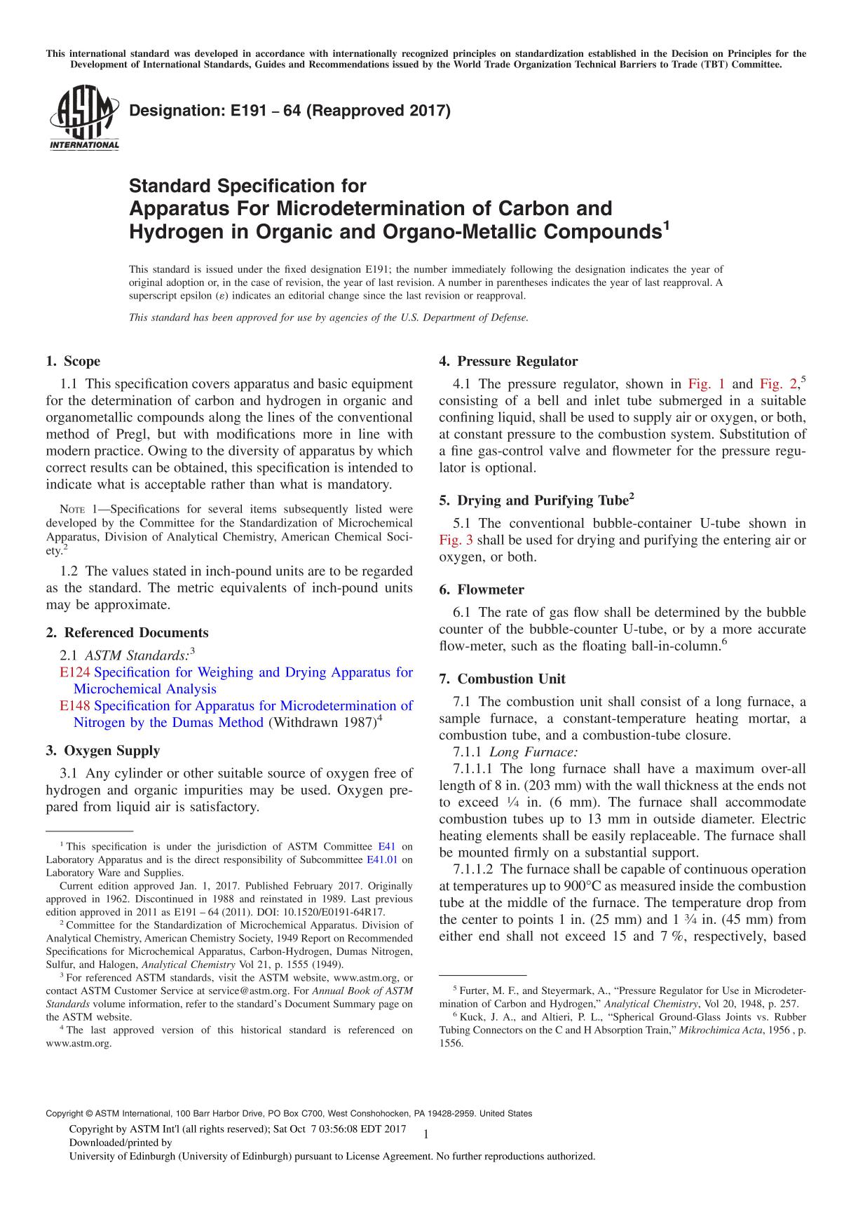 ASTM E191-64(2017) Standard Specification for Apparatus For Microdetermination of Carbon and Hydrogen in Organic and Organo-Meta