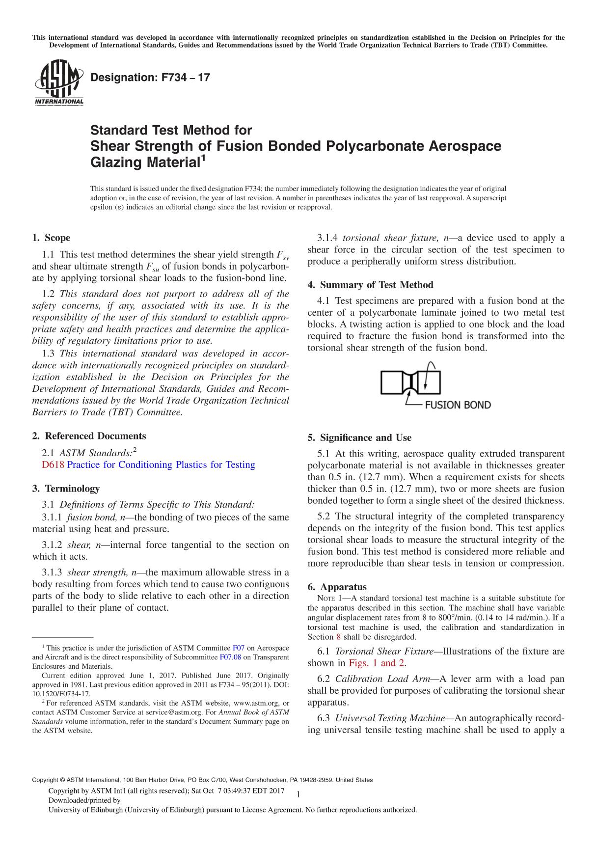 ASTM F734-17 Standard Test Method for Shear Strength of Fusion Bonded Polycarbonate Aerospace Glazing Material