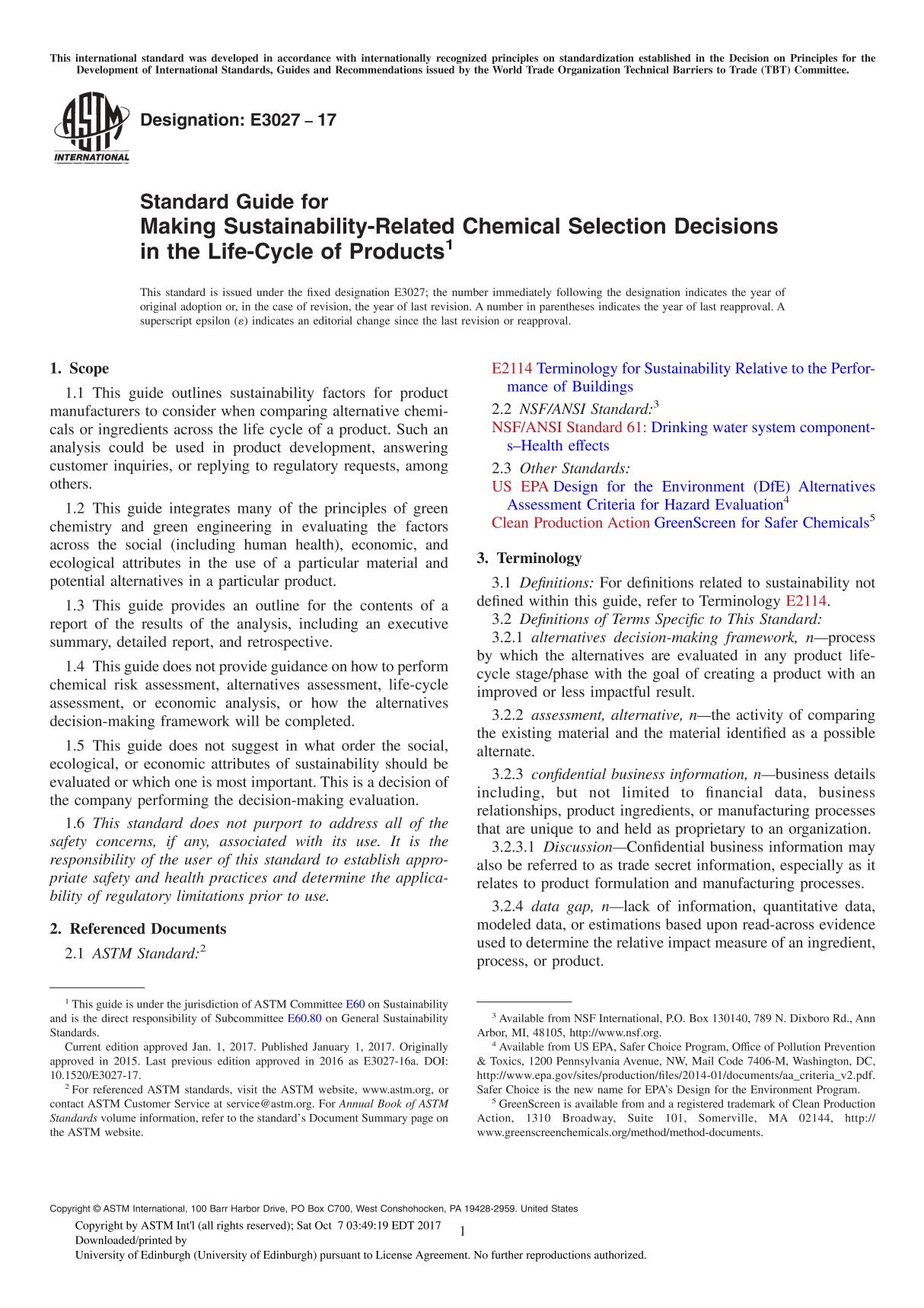 ASTM E3027-17 Standard Guide for Making Sustainability-Related Chemical Selection Decisions in the Life-Cycle of Product