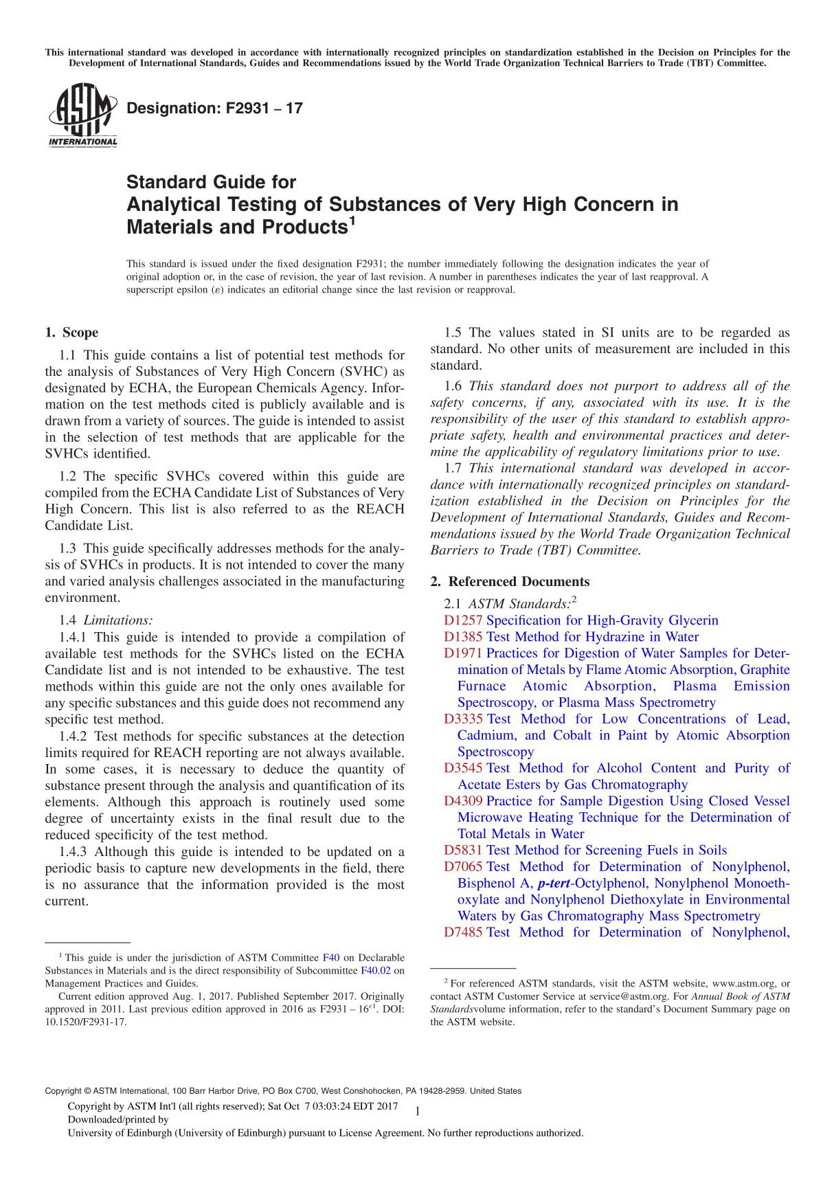 ASTM F2931-17 Standard Guide for Analytical Testing of Substances of Very High Concern in Materials and Product