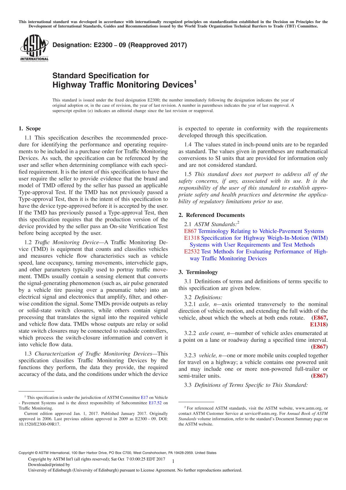 ASTM E2300-09(2017) Standard Specification for Highway Traffic Monitoring Device