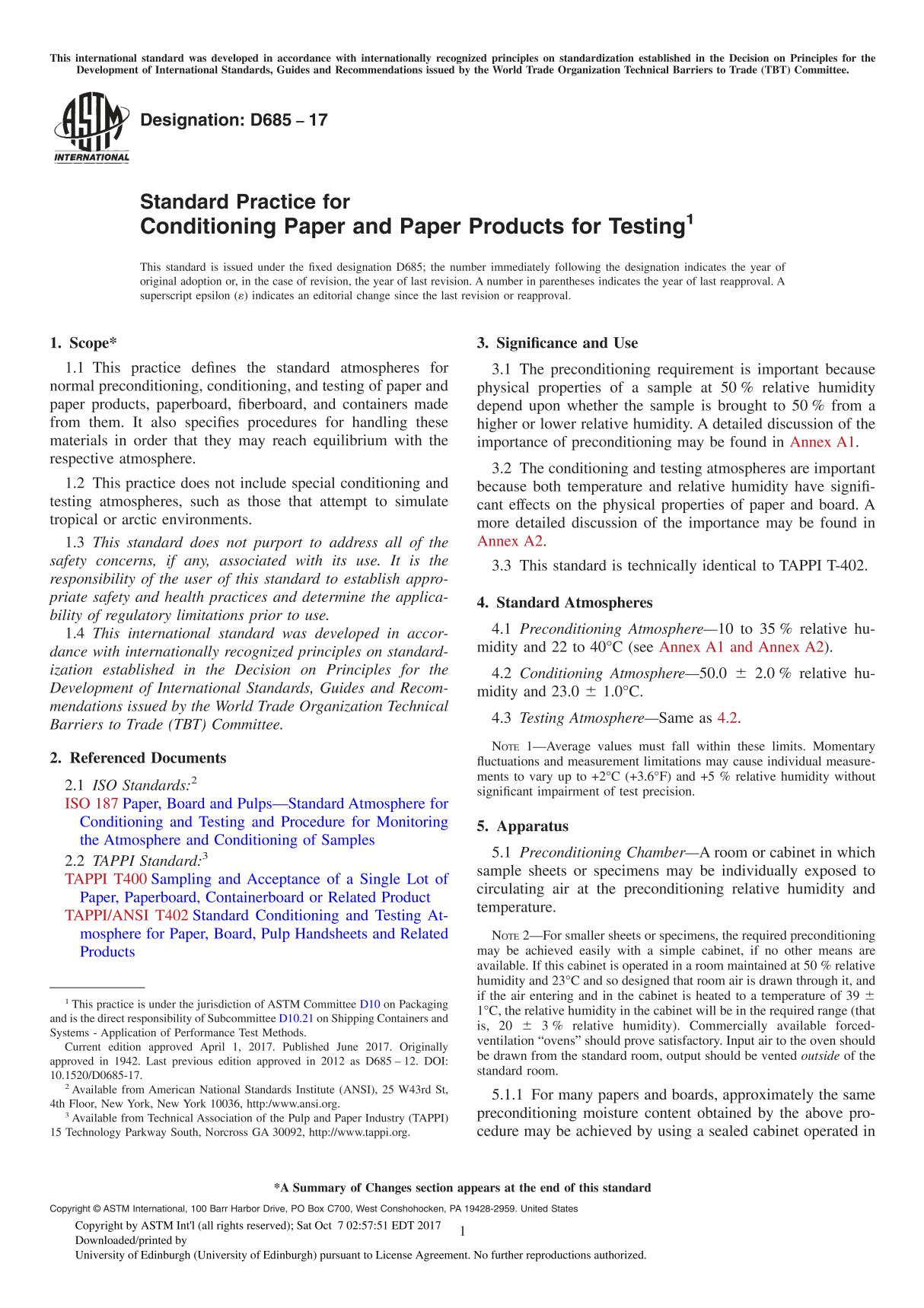 ASTM D685-17 Standard Practice for Conditioning Paper and Paper Products for Testing