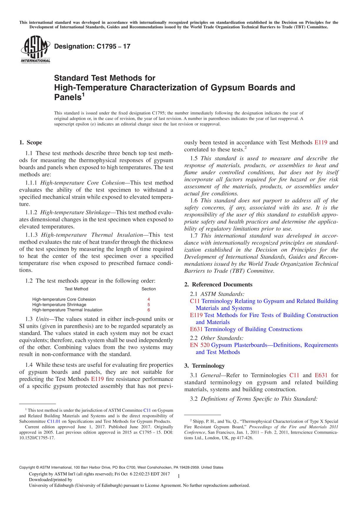 ASTM C1795-17 Standard Test Methods for High-Temperature Characterization of Gypsum Boards and Panel