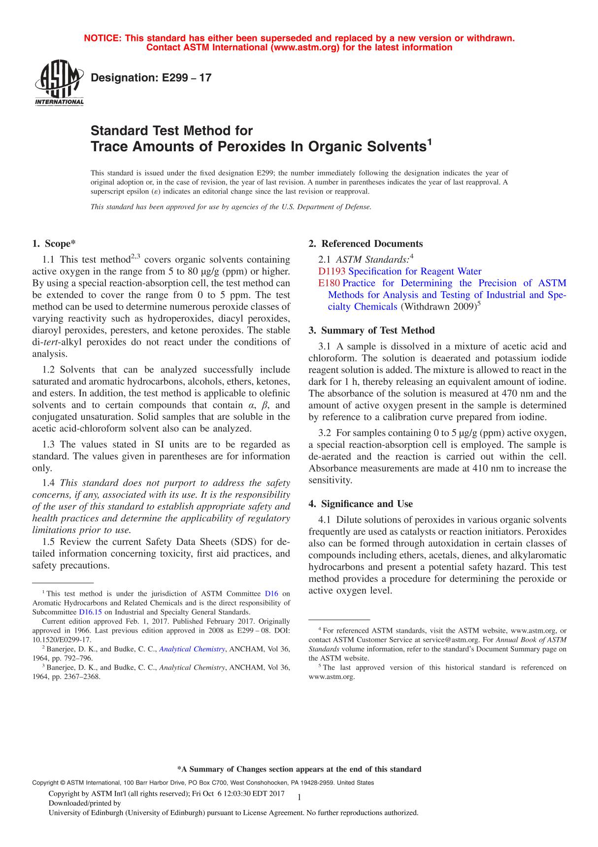 ASTM E299 - 17 Standard Test Method for Trace Amounts of Peroxides In Organic Solvent