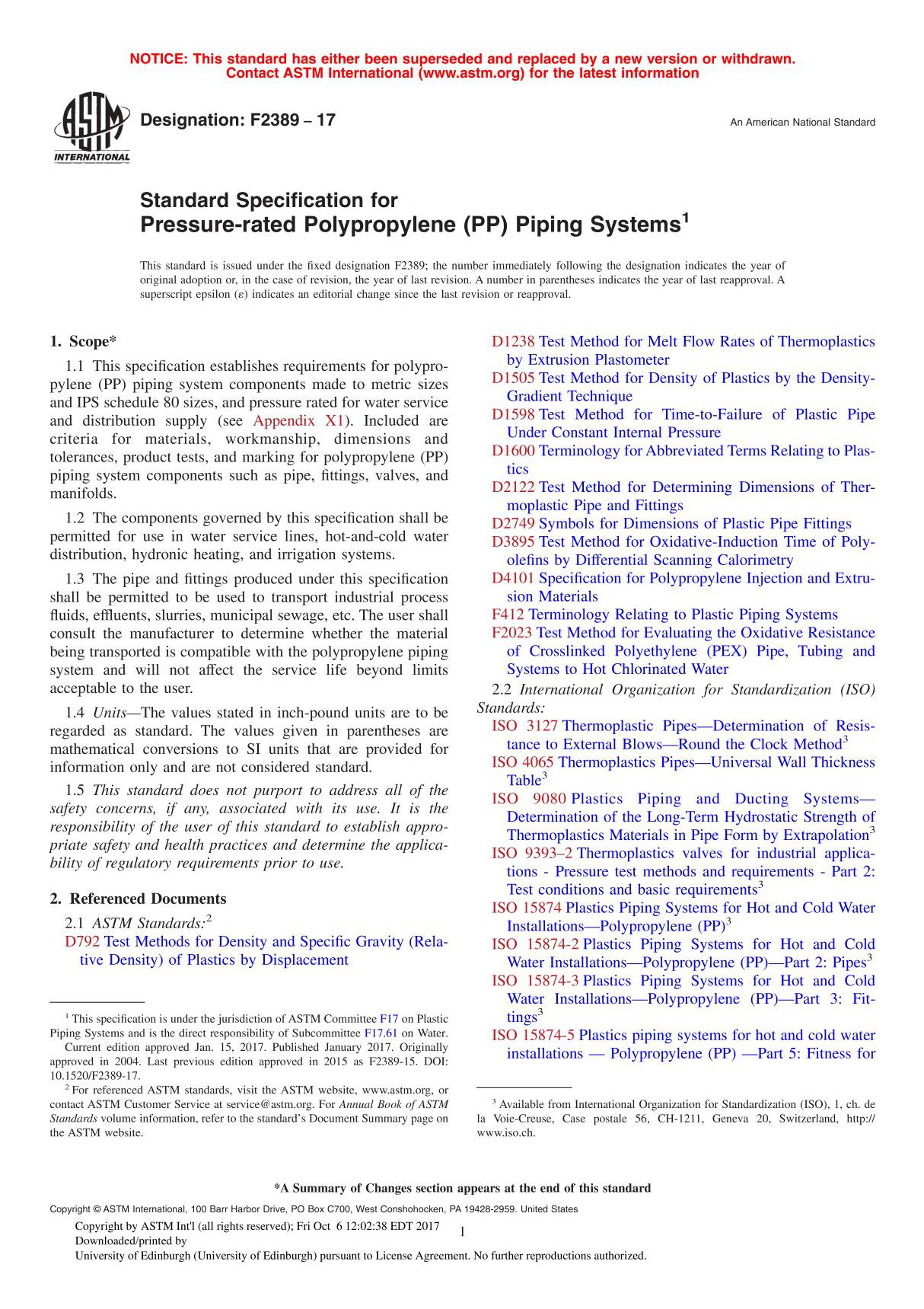 ASTM F2389 - 17 Standard Specification for Pressure-rated Polypropylene (PP) Piping System