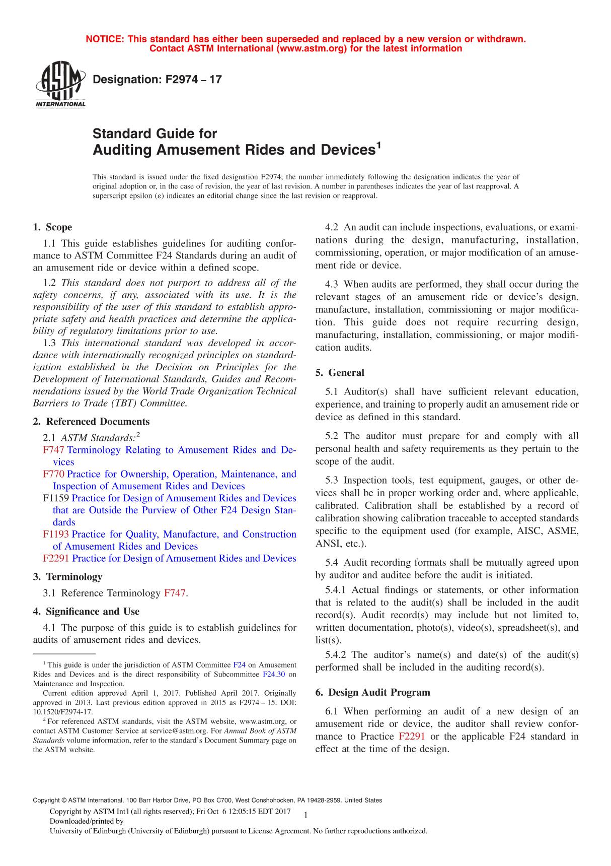 ASTM F2974 - 17 Standard Guide for Auditing Amusement Rides and Device