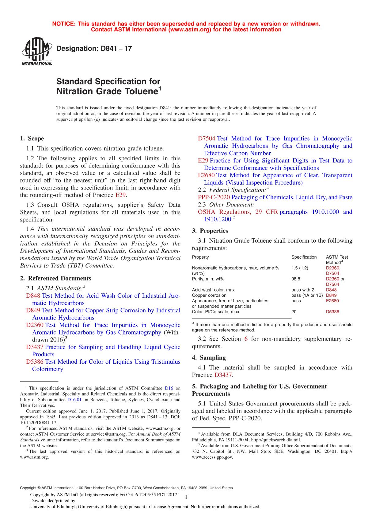 ASTM D841 - 17 Standard Specification for Nitration Grade Toluene