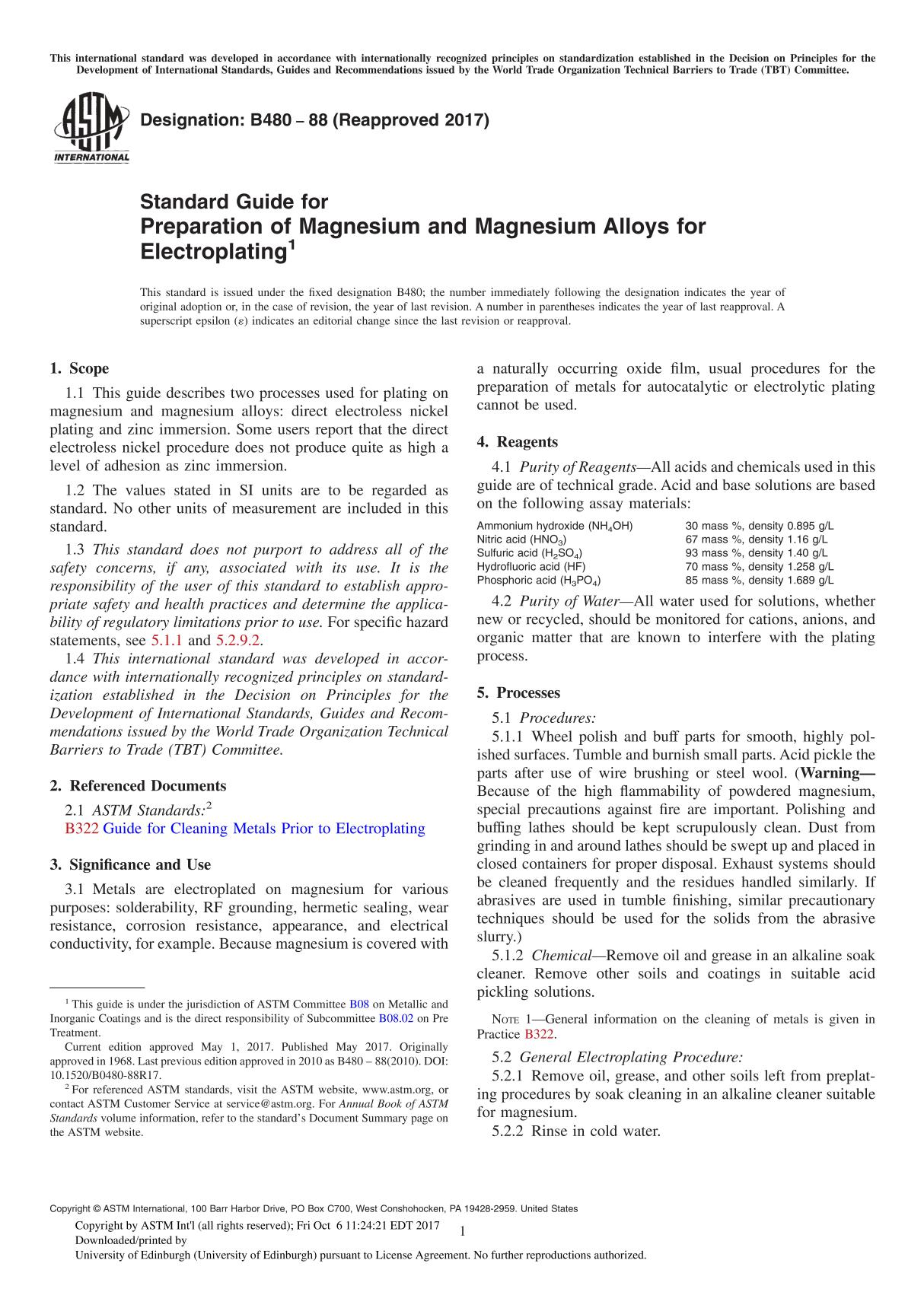 ASTM B480-88(2017) Standard Guide for Preparation of Magnesium and Magnesium Alloys for Electroplating