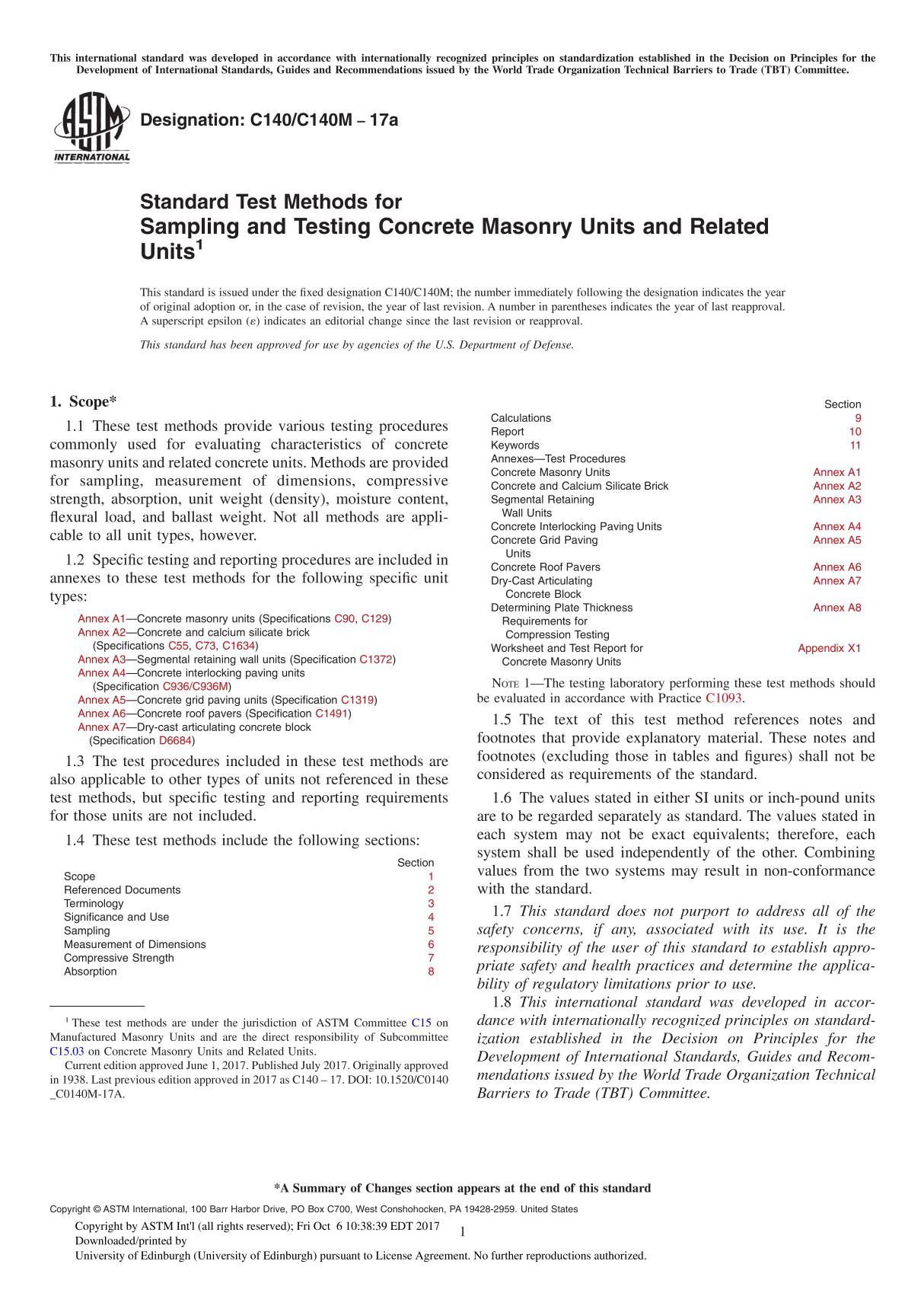 ASTM C140 C140M-17a Standard Test Methods for Sampling and Testing Concrete Masonry Units and Related Unit