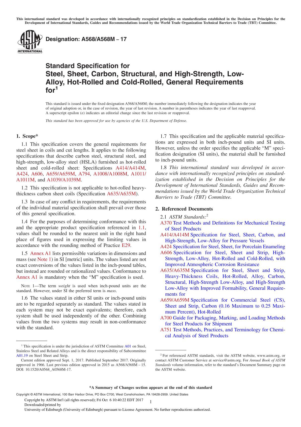 ASTM A568 A568M-17 Standard Specification for Steel, Sheet, Carbon, Structural, and High-Strength, Low-Alloy, Hot-Rolled and Col