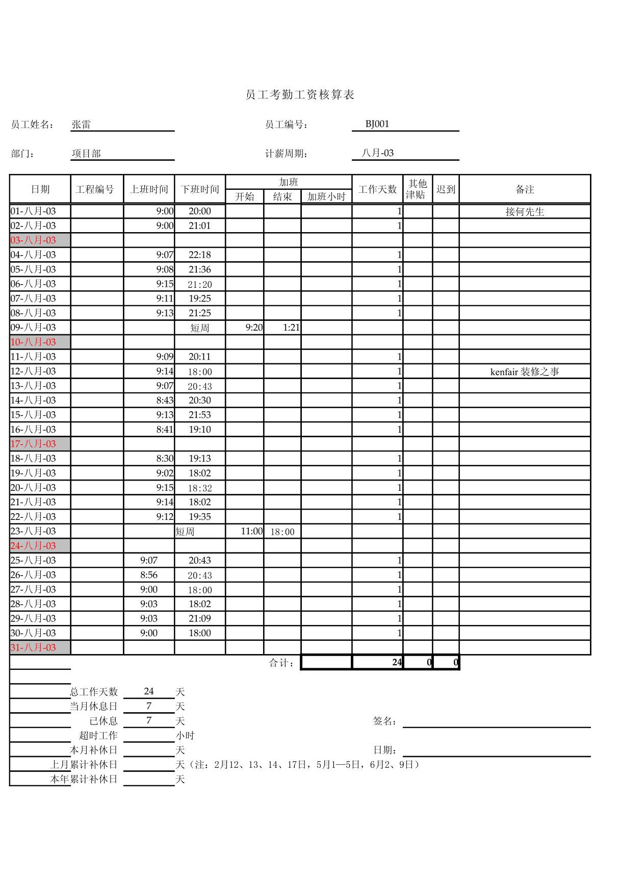 员工考勤工资核算表