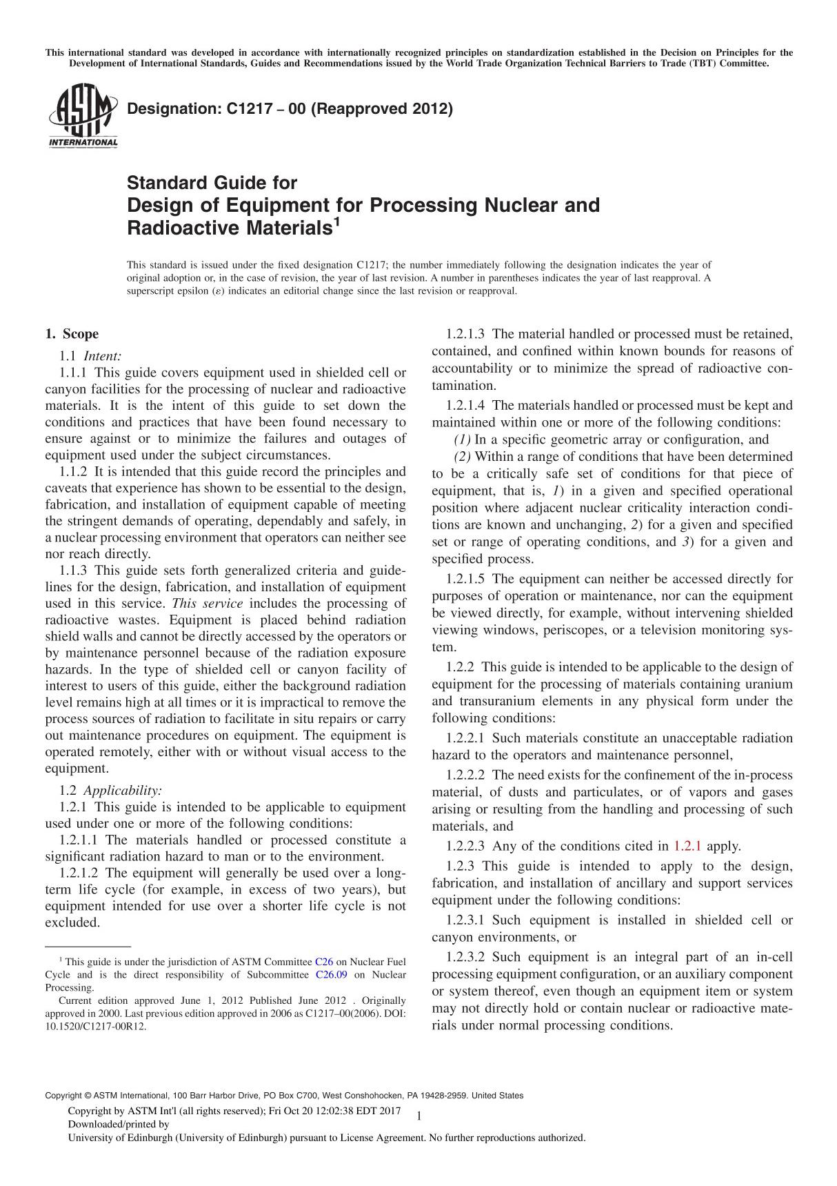 ASTM C1217-00(2012) Standard Guide for Design of Equipment for Processing Nuclear and Radioactive Material