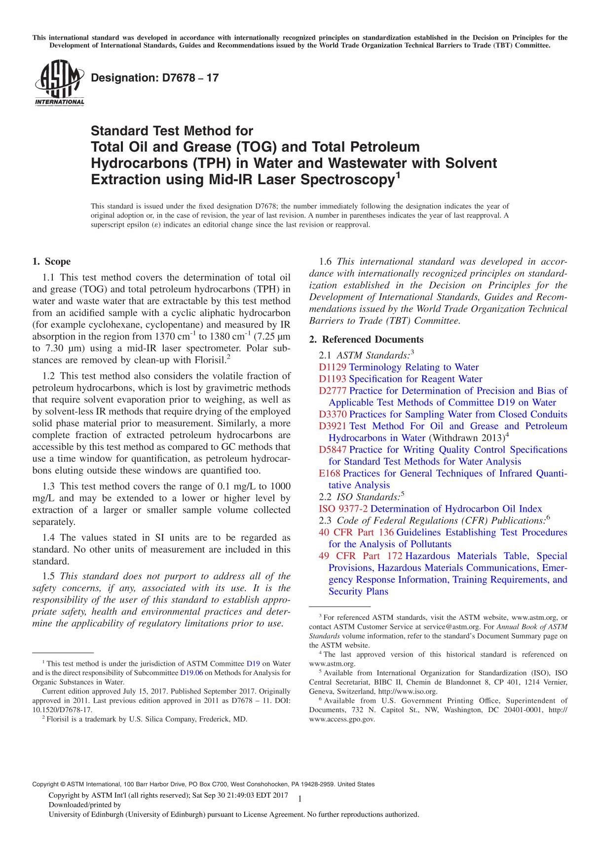 ASTM D7678-17 Standard Test Method for Total Oil and Grease (TOG) and Total Petroleum Hydrocarbons (TPH) in Water and Wastewater