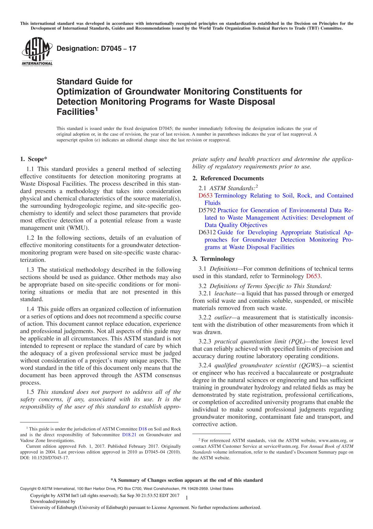 ASTM D7045-17 Standard Guide for Optimization of Groundwater Monitoring Constituents for Detection Monitoring Programs for Waste