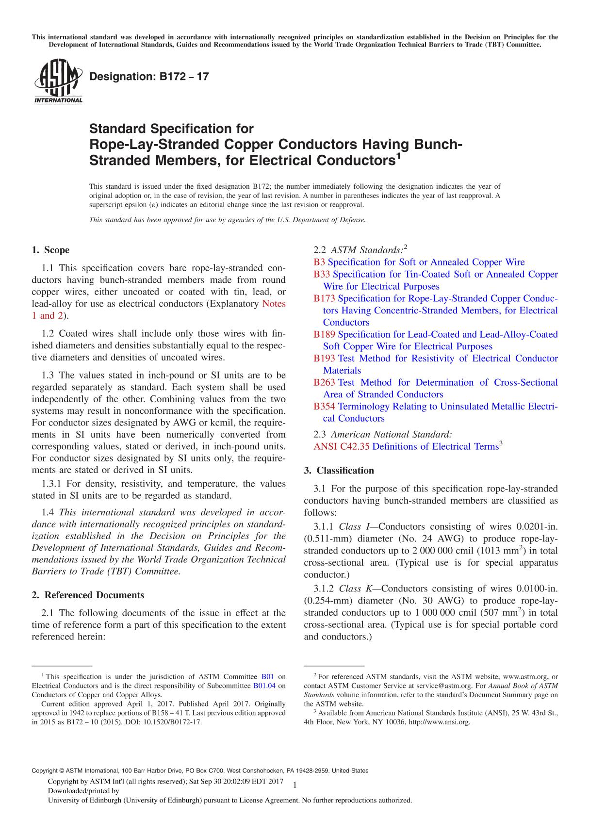 ASTM B172-17 Standard Specification for Rope-Lay-Stranded Copper Conductors Having Bunch-Stranded Members, for Electrical Conduc