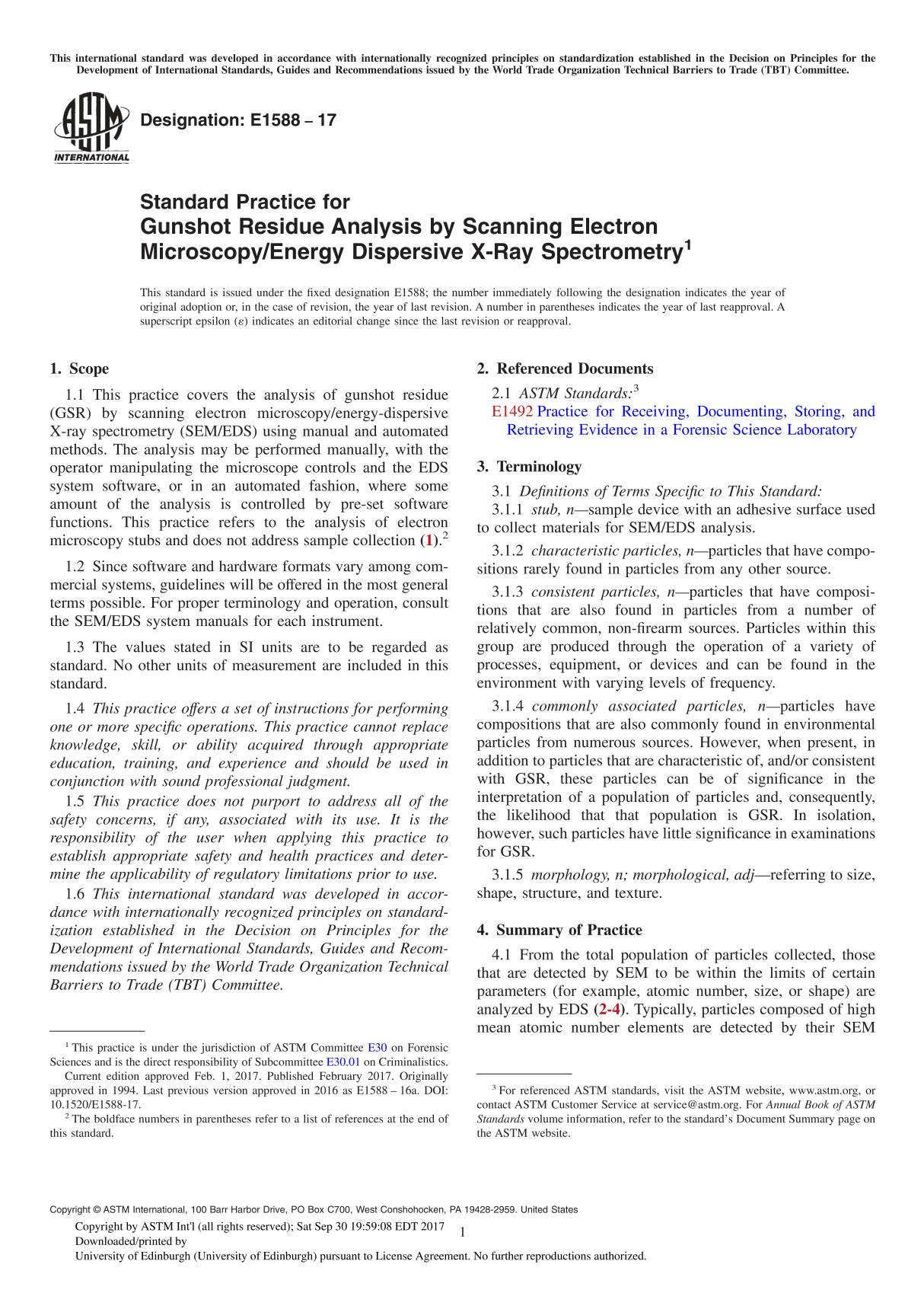 ASTM E1588-17 Standard Practice for Gunshot Residue Analysis by Scanning Electron MicroscopyEnergy Dispersive X-Ray Spectrometry