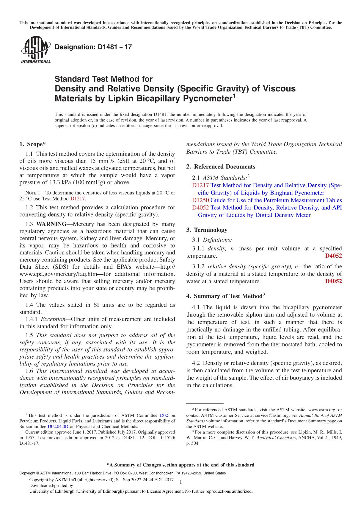 ASTM D1481-17 Standard Test Method for Density and Relative Density (Specific Gravity) of Viscous Materials by Lipkin Bicapillar