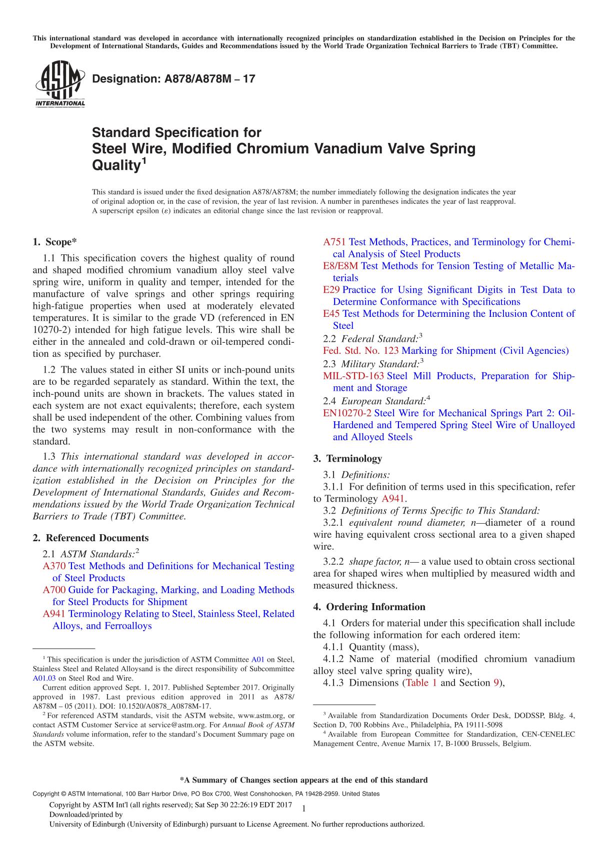 ASTM A878 A878M-17 Standard Specification for Steel Wire, Modified Chromium Vanadium Valve Spring Quality