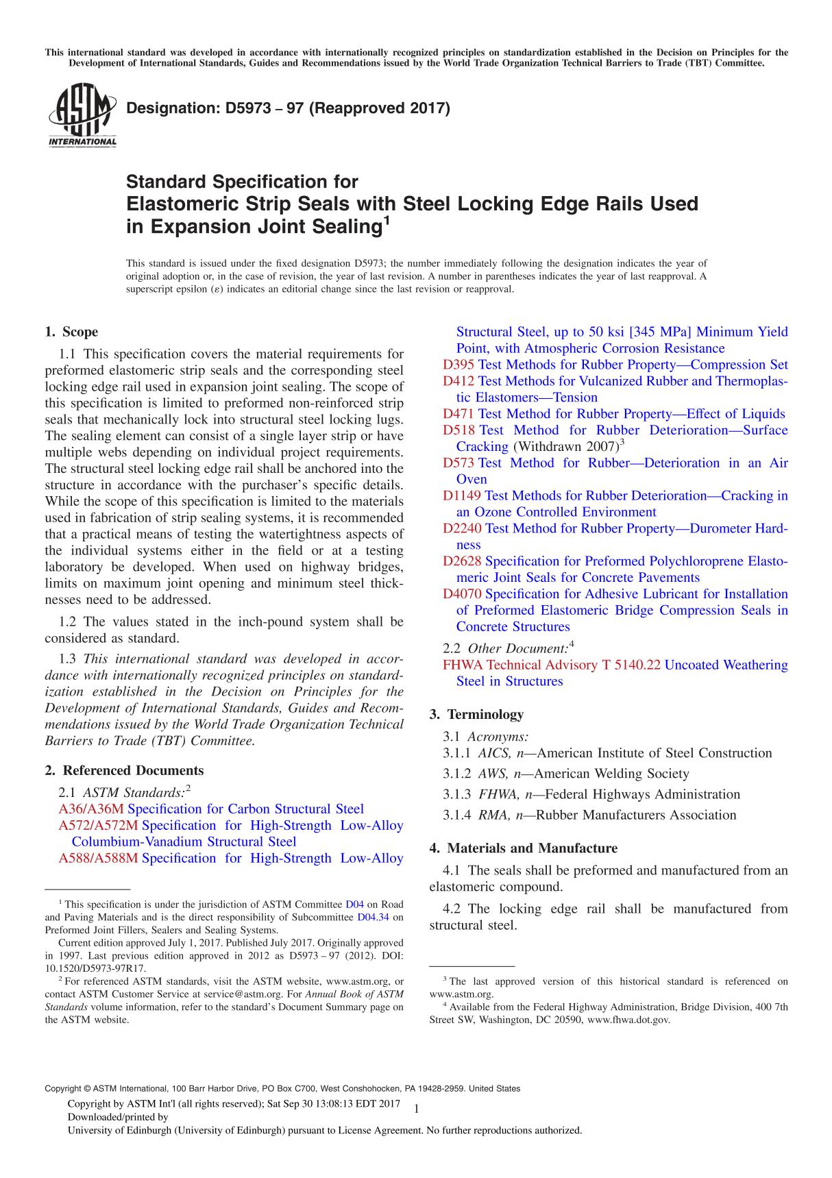 ASTM D5973-97(2017) Standard Specification for Elastomeric Strip Seals with Steel Locking Edge Rails Used in Expansion Joint Sea