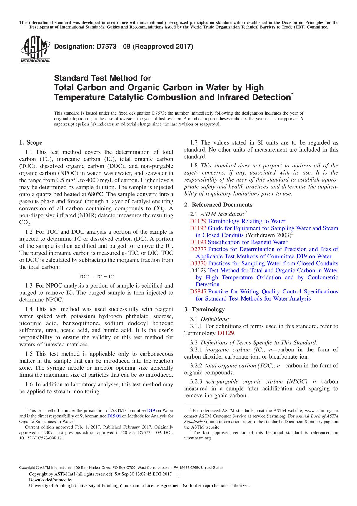 ASTM D7573-09(2017) Standard Test Method for Total Carbon and Organic Carbon in Water by High Temperature Catalytic Combustion a