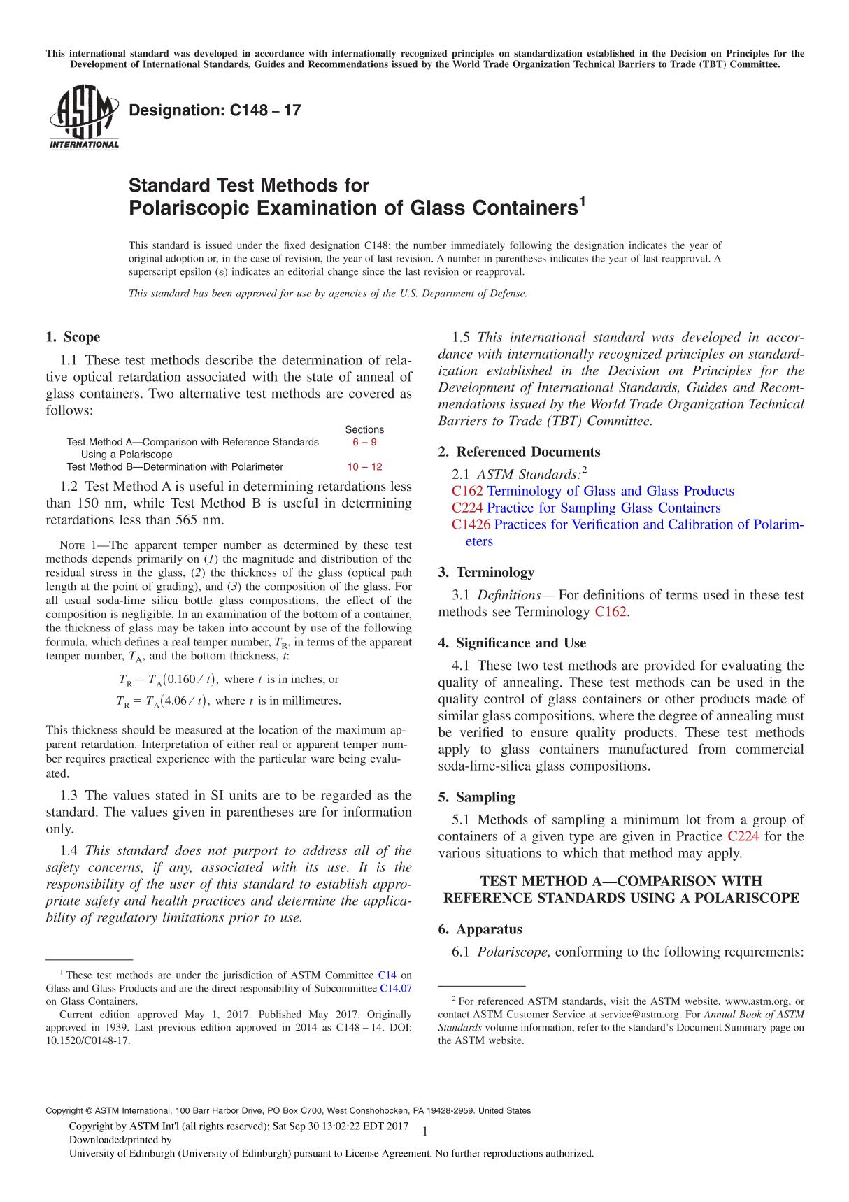 ASTM C148-17 Standard Test Methods for Polariscopic Examination of Glass Container