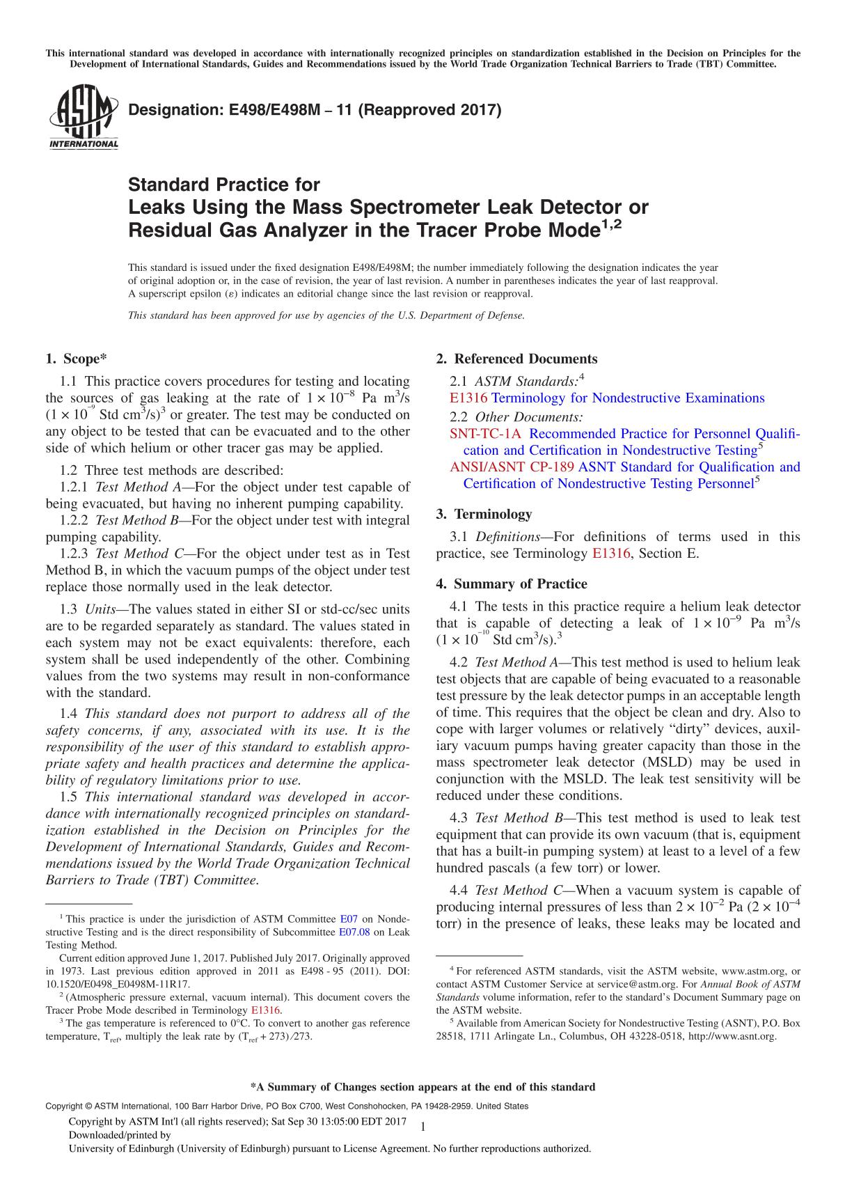 ASTM E498 E498M-11(2017) Standard Practice for Leaks Using the Mass Spectrometer Leak Detector or Residual Gas Analyzer in the T