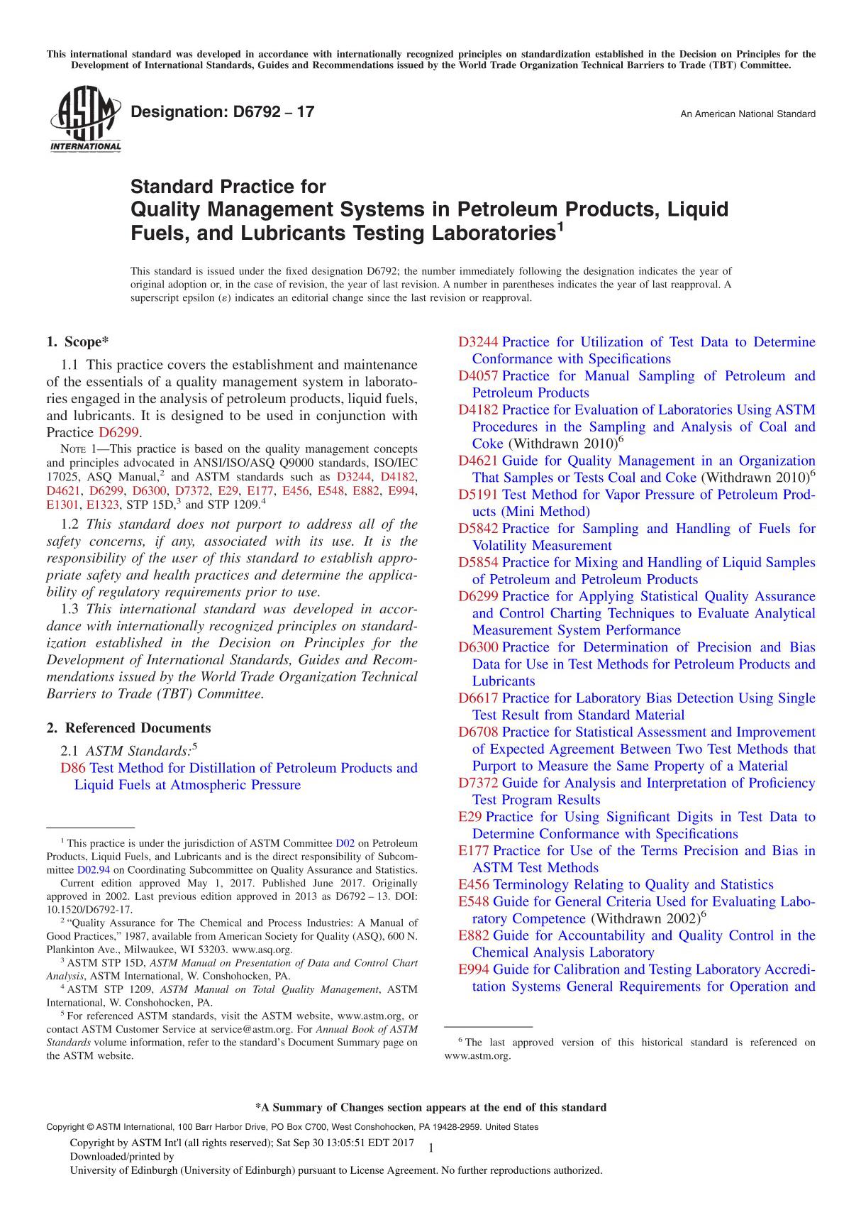 ASTM D6792-17 Standard Practice for Quality Management Systems in Petroleum Products, Liquid Fuels, and Lubricants Testing Labor