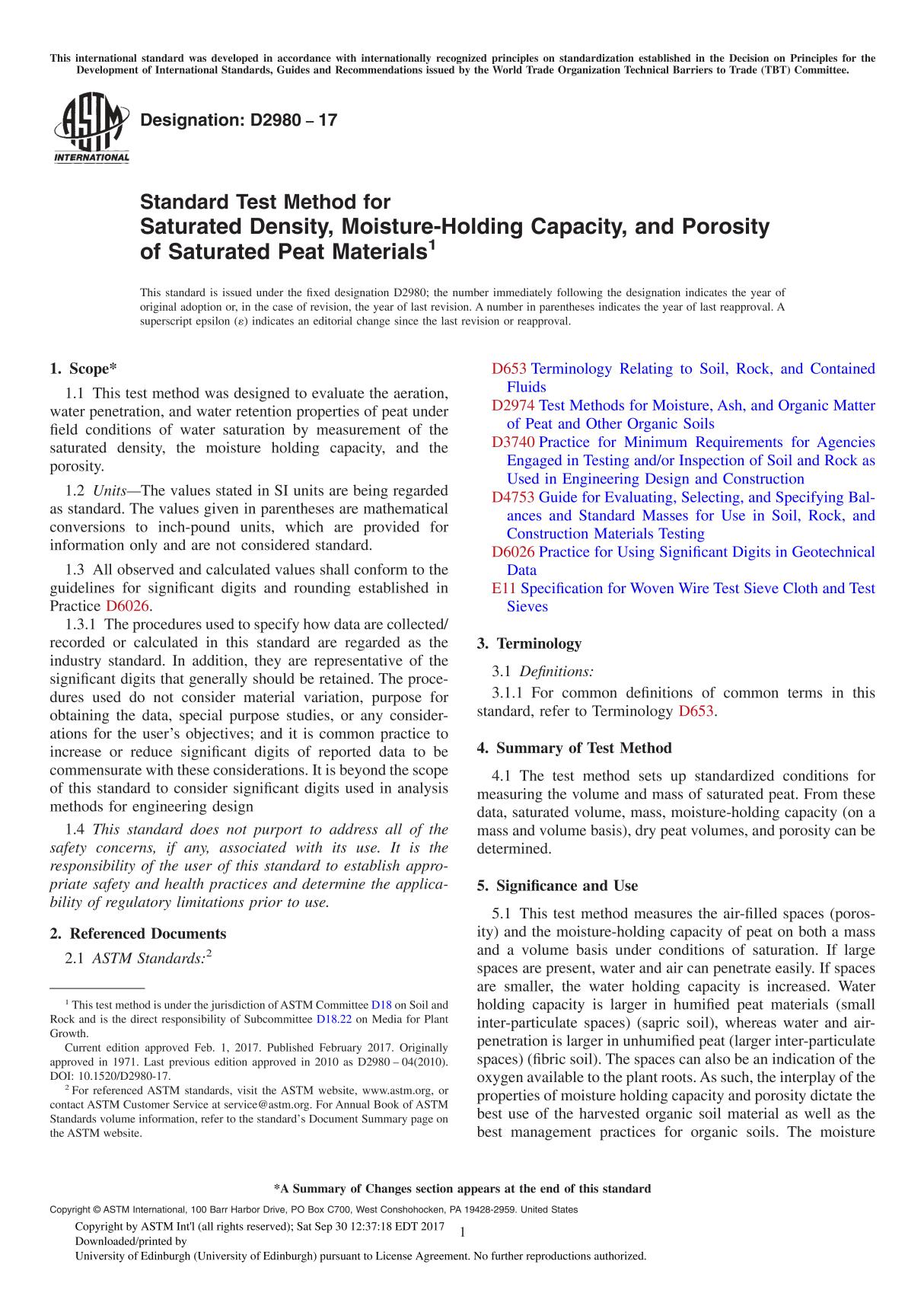 ASTM D2980-17 Standard Test Method for Saturated Density, Moisture-Holding Capacity, and Porosity of Saturated Peat Material