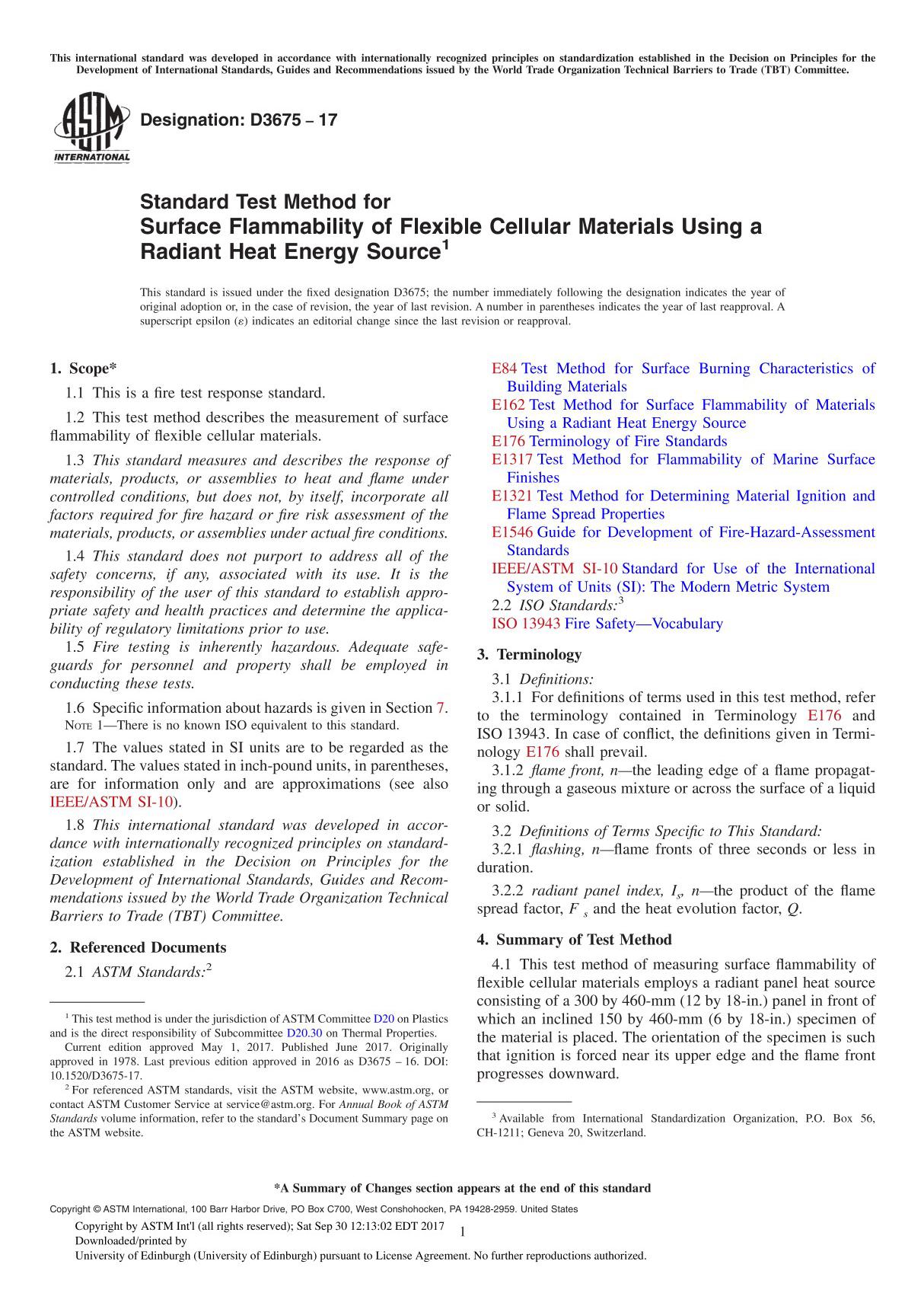 ASTM D3675-17 Standard Test Method for Surface Flammability of Flexible Cellular Materials Using a Radiant Heat Energy Source